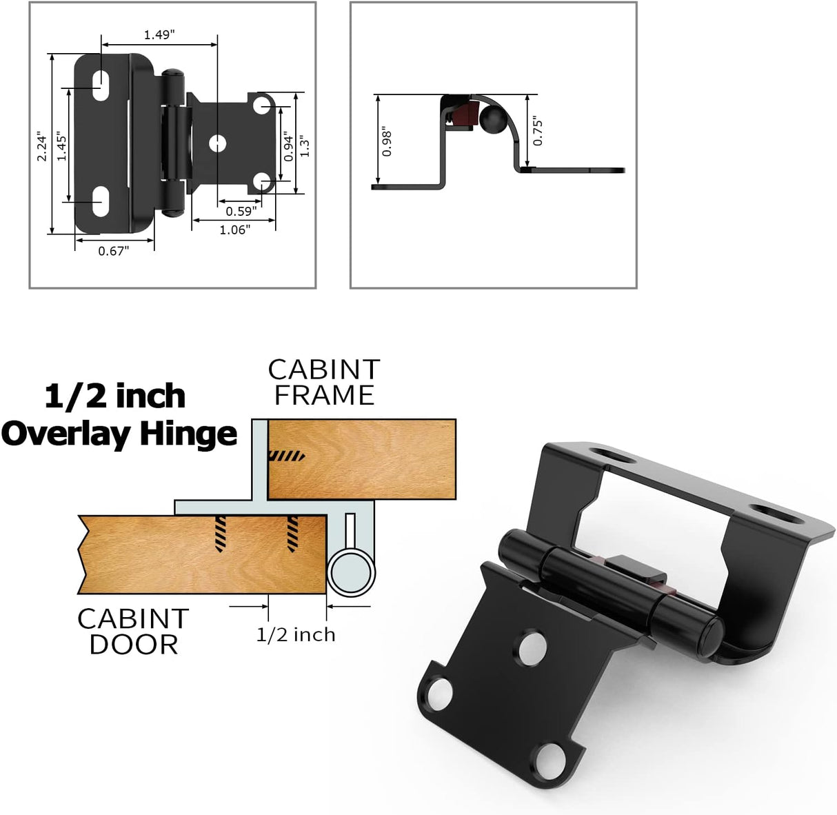 Chibery Matte Black 1/2 inch Overlay Semi Partial Wrap Around Cabinet Hinges, Self Closing Face Frame Variable Decorative Replacement, Kitchen Hardware, with Screw & Quiet Bumper