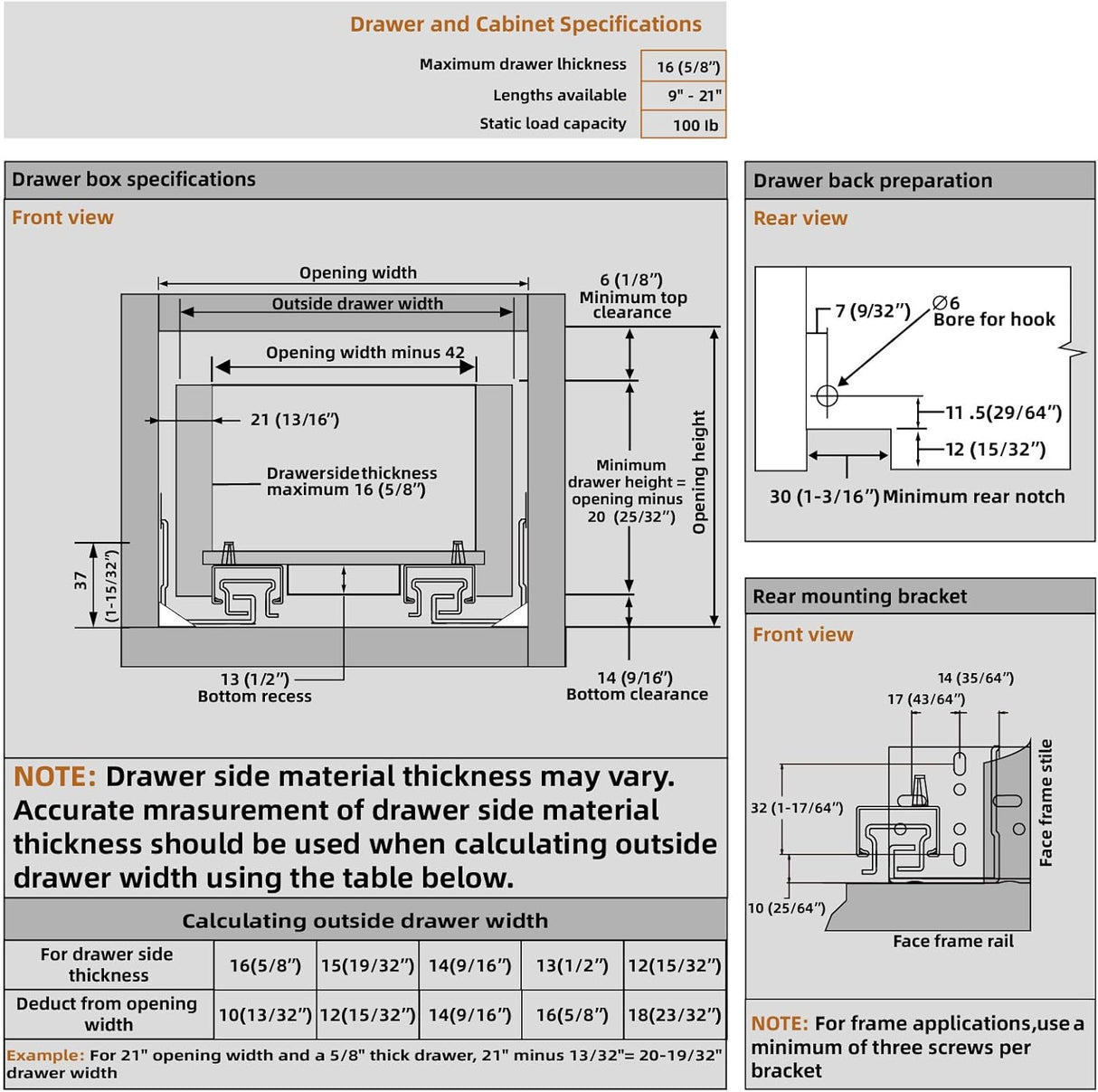 Chibery Undermount Soft Close Drawer Slides, Full Extension 3D Locking Device, Rear Mount Brackets, Concealed Bottom Mount Rails for face Frame Cabinet, 100 LB