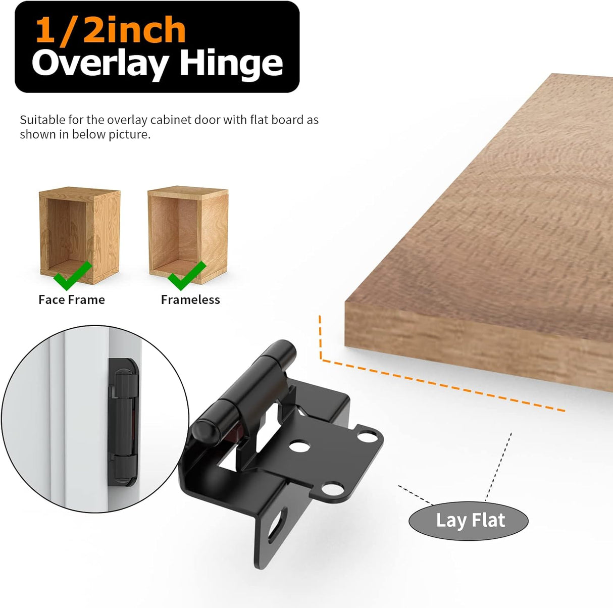 Chibery Matte Black 1/2 inch Overlay Semi Partial Wrap Around Cabinet Hinges, Self Closing Face Frame Variable Decorative Replacement, Kitchen Hardware, with Screw & Quiet Bumper