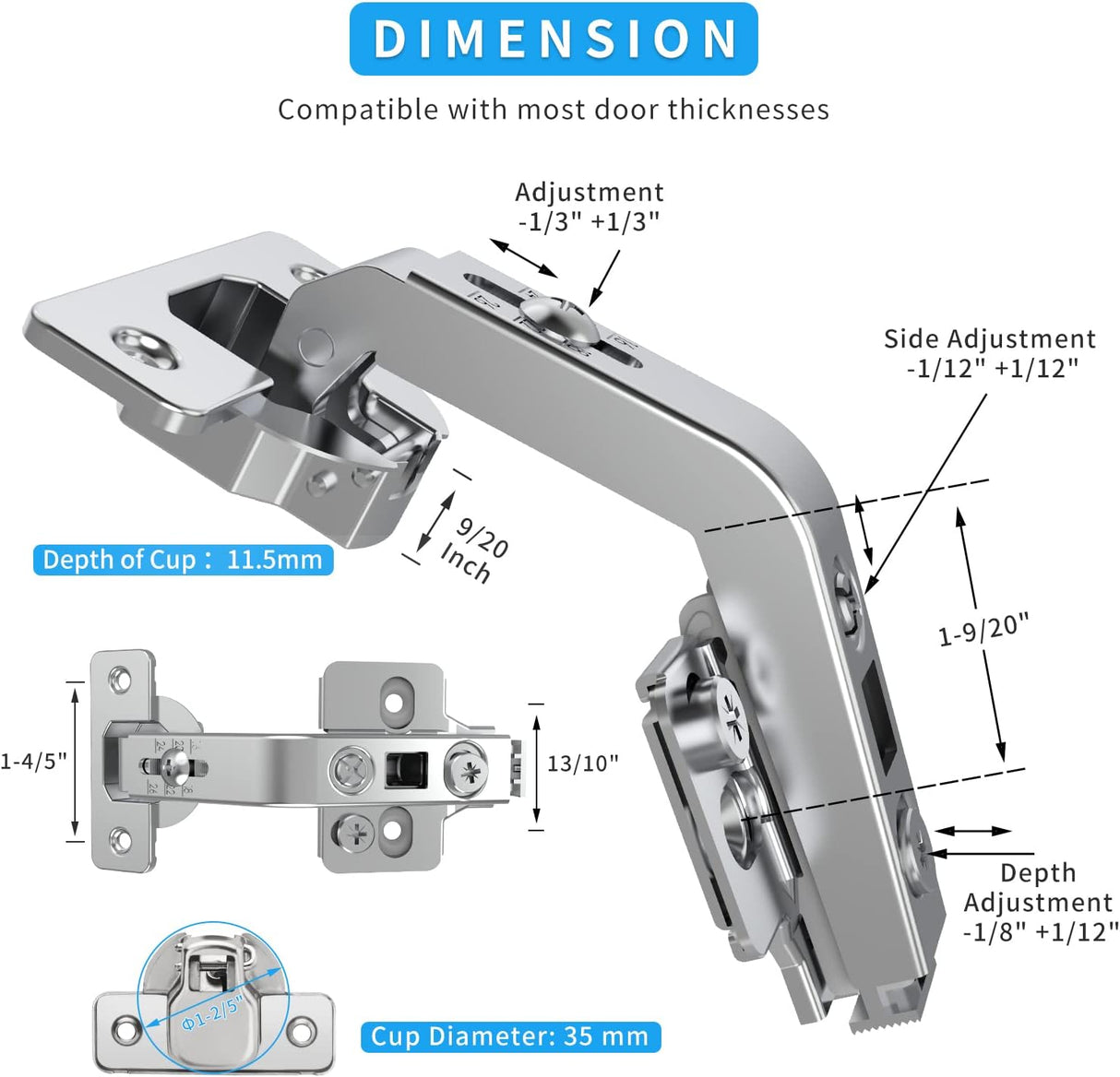Chibery 135° Lazy Susan Corner Hinge, Adjustable Three-Dimensional Hinge Base,3D Adjustment Full Overlay Concealed for Kitchen Cabinet Replacement Hardware, Cupboard Folded, Folden Door