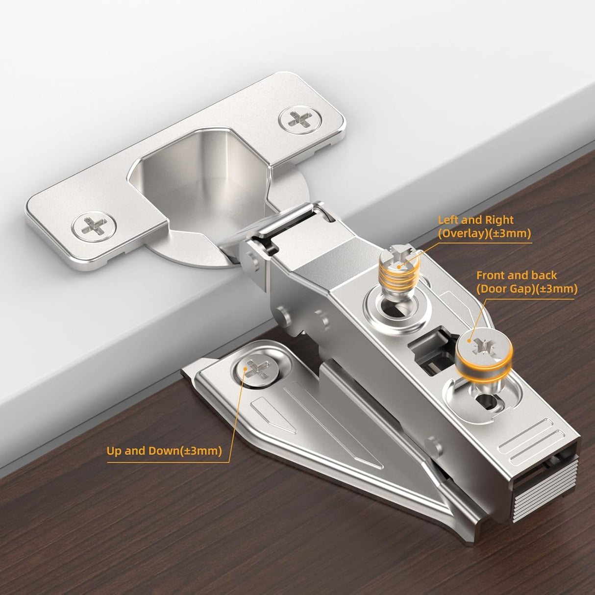 Chibery 1/8", 1/4", 3/8", 5/16" Overlay Soft Close Concealed Hinge for Face Frame Door & Frameless Door, 3D Clip-on Plate, Self Closing Hidden Satin Nickel, 105° Angle