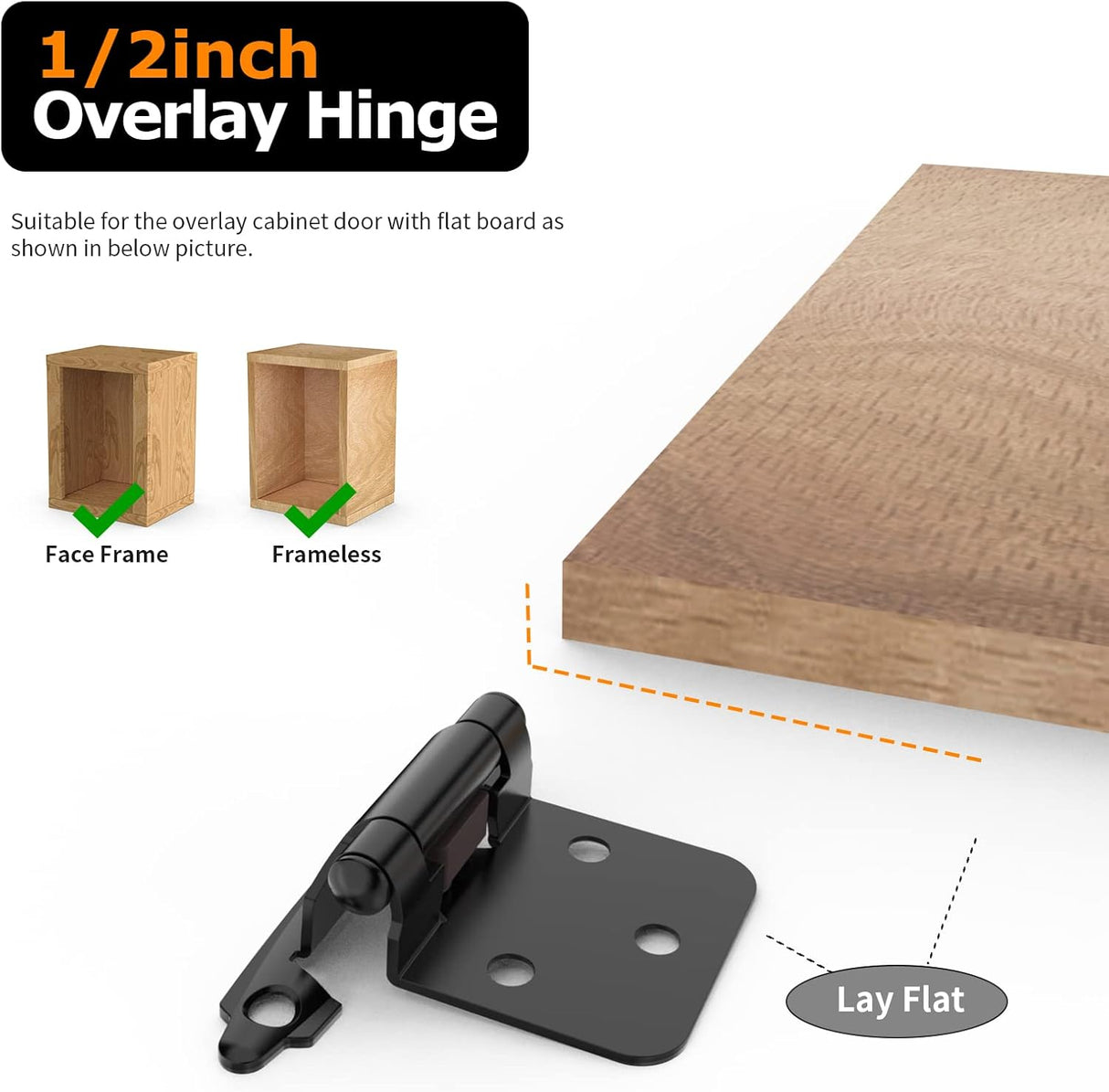 Chibery 1/2" Matte Black Overlay Cabinet Hinges, Self Closing Flush Mount Hinges with Door Bumper, Variable Decorative Hardware for Bathroom, Furniture, Kitchen Cabinet Doors