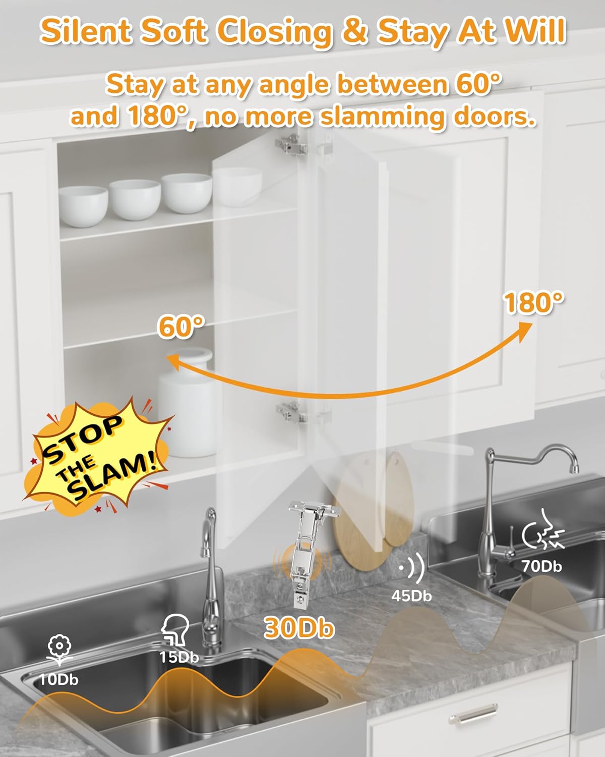 Chibery 180° Soft Close Cabinet Hinges, Lazy Susan & Kitchen Corner, 48mm Hole Distance, Concealed Face Frame & Frameless, Hidden Self Closing, Smooth Slow 3D Adjustment for Fold Cupboard