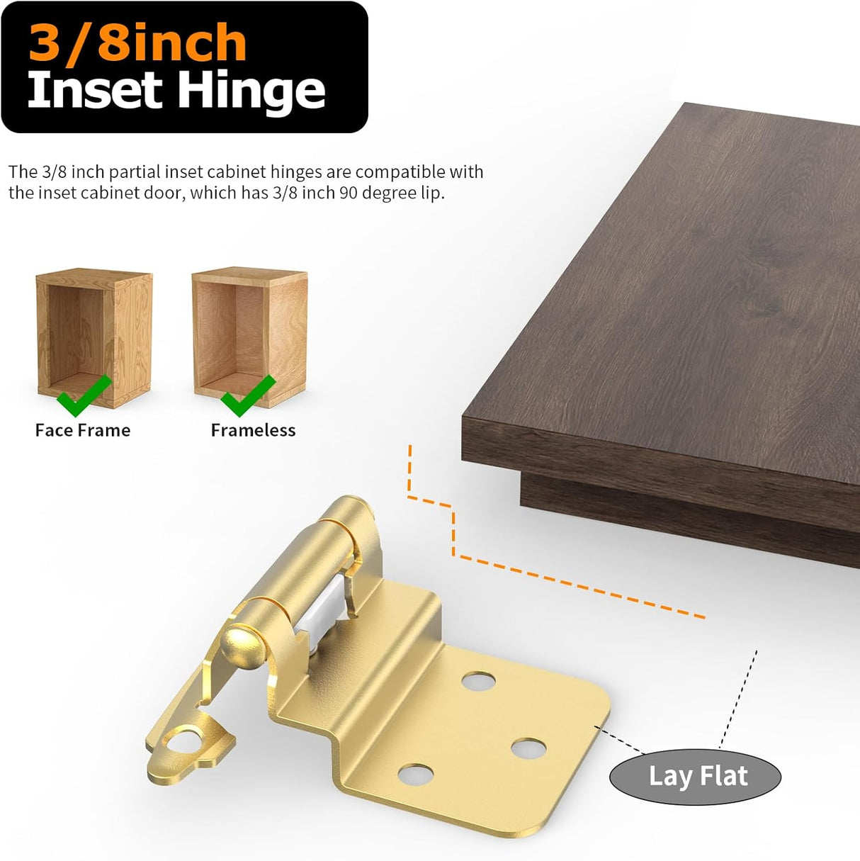 Chibery Brass Gold 3/8 Inch Inset Cabinet Hinges, Self Closing Flush Face Mount Hinges with Door Bumper, Variable Decorative Hardware for Bathroom, Furniture, Kitchen Cabinet Doors