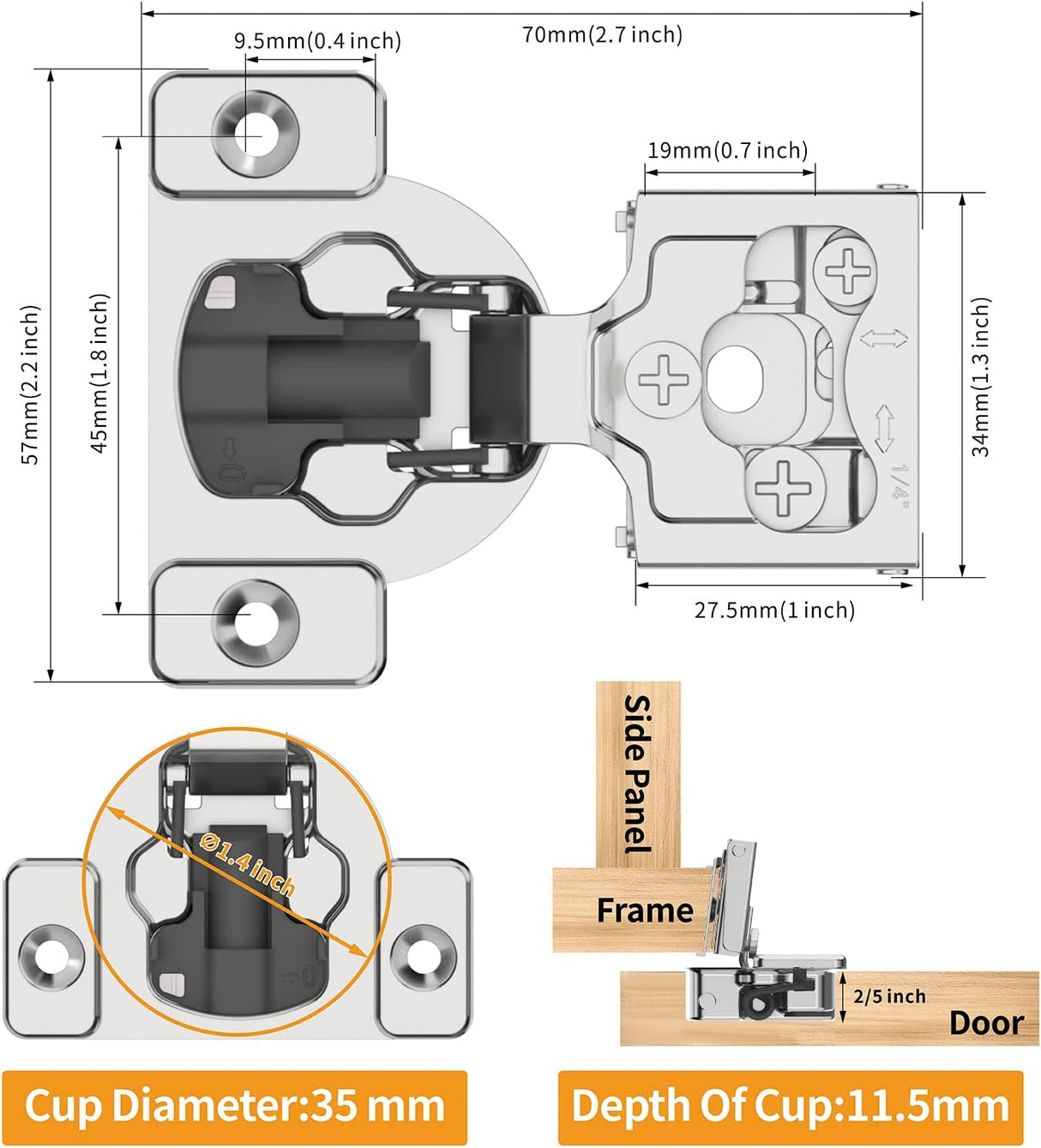 Chibery Small Overlay Satin Nickel 4D Concealed Hinges for Face Frame Door, Soft Close On/Off Switch, Self Closing, 105° Open Angle Concealed Stainless Steel Hinges for Framed Cabinet