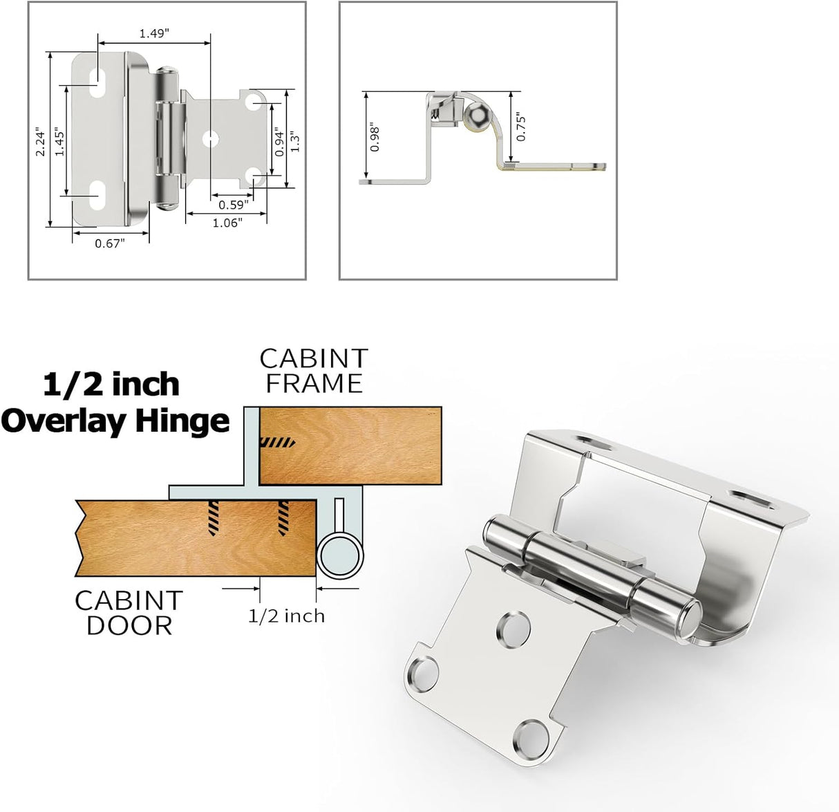Chibery Satin Nickel 1/2 inch Overlay Semi Partial Wrap Around Cabinet Hinges, Self Closing Face Frame Variable Decorative Replacement, Kitchen Hardware, with Screw & Quiet Bumper