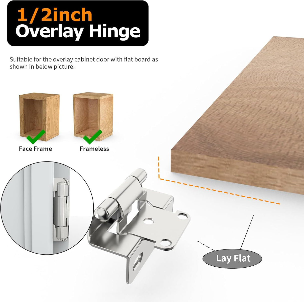 Chibery Satin Nickel 1/2 inch Overlay Semi Partial Wrap Around Cabinet Hinges, Self Closing Face Frame Variable Decorative Replacement, Kitchen Hardware, with Screw & Quiet Bumper