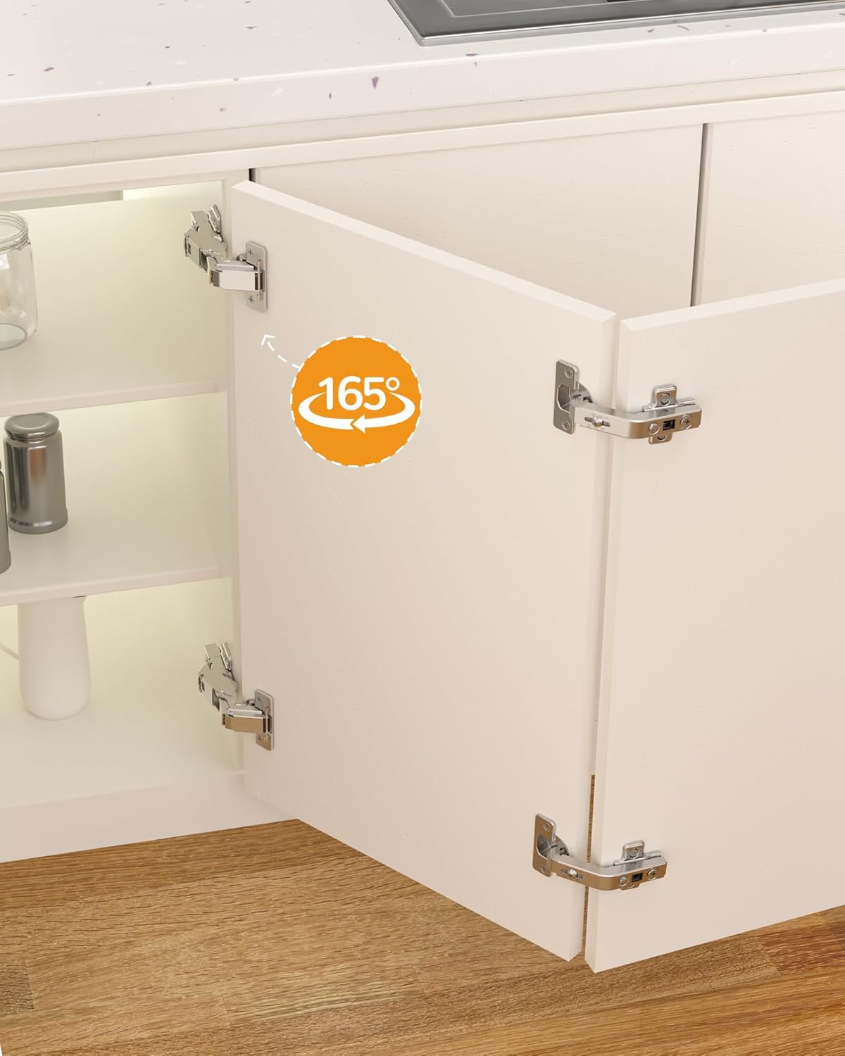 Chibery 165° Frameless Soft Close Kitchen Corner Hinges, Lazy Susan Cabinets, Clip On Plate for Easy Installation, Hidden Face Mount, 3D Concealed Slow Self Closing for Folden Cupboard