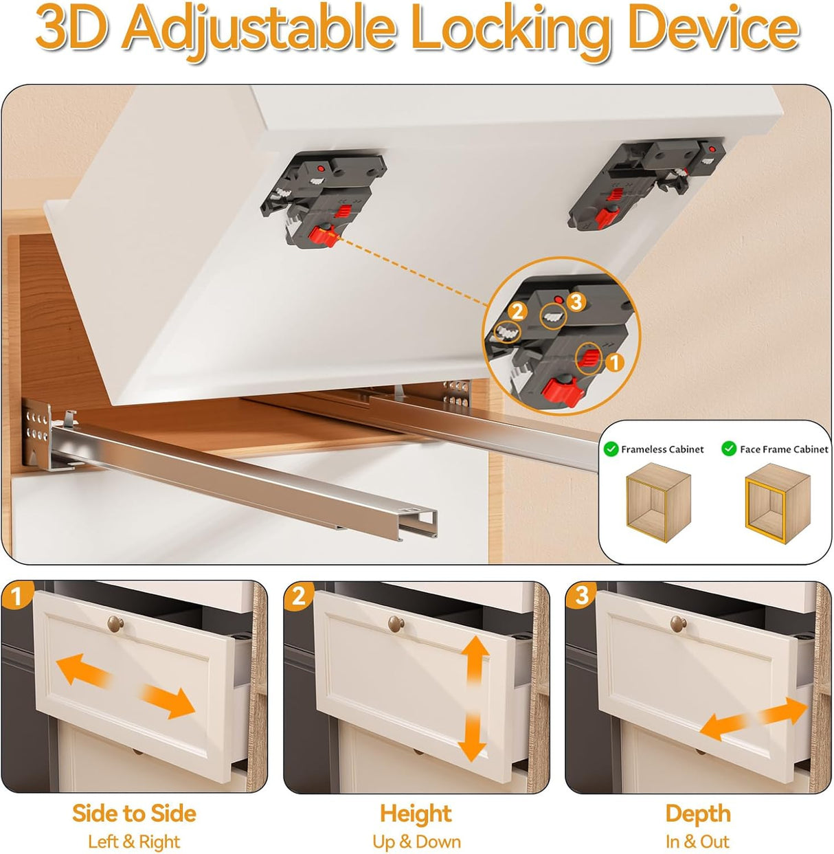 Chibery Undermount Soft Close Drawer Slides, Full Extension 3D Locking Device, Rear Mount Brackets, Concealed Bottom Mount Rails for face Frame Cabinet, 100 LB