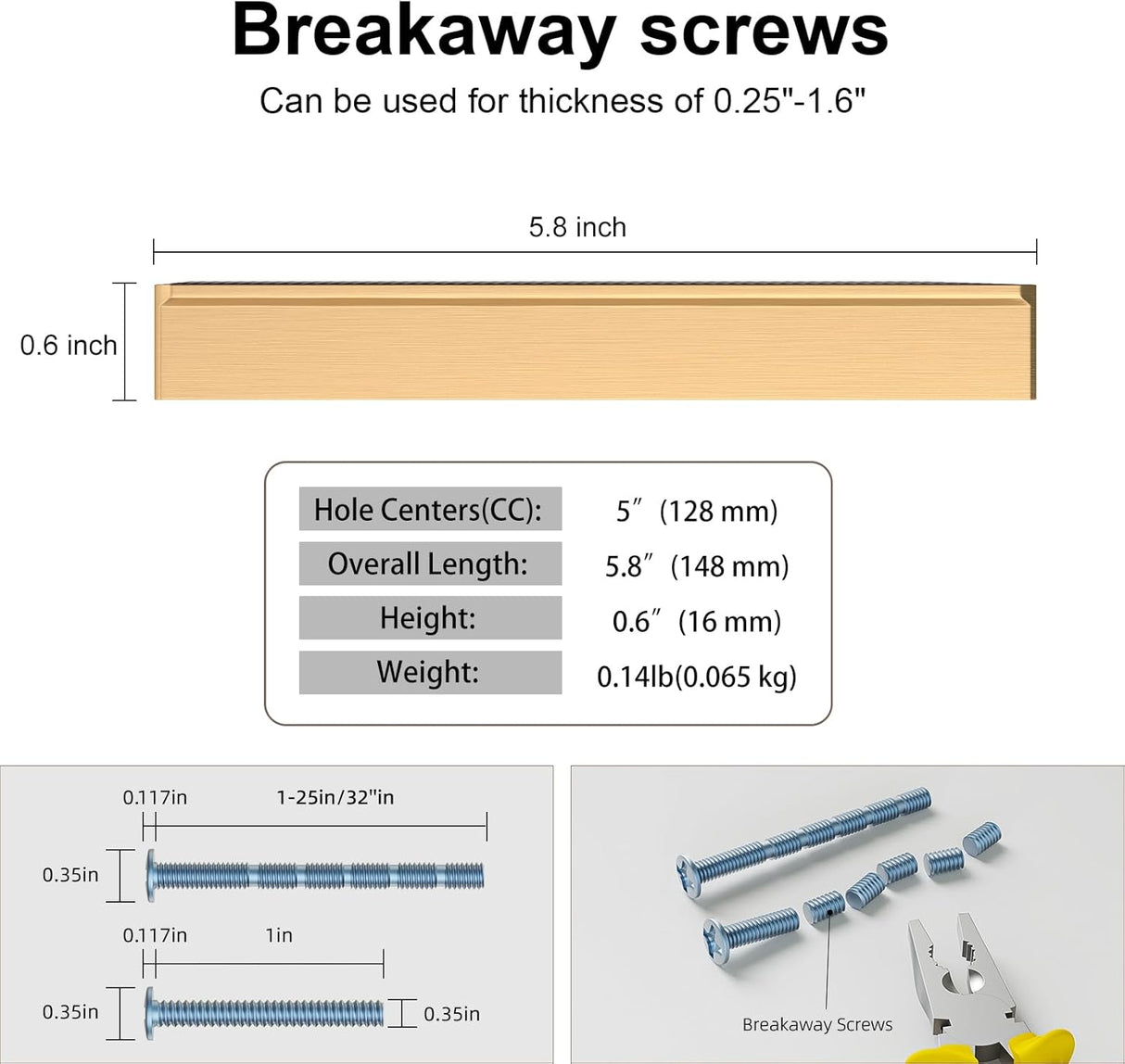 brushed gold breakaway screws size