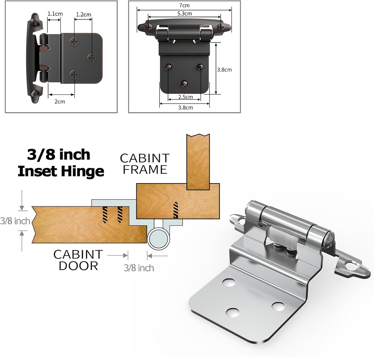 Chibery Chrome 3/8 Inch Inset Cabinet Hinges Self Closing Flush Face Mount Hinges with Door Bumper, Variable Decorative Hardware for Bathroom, Furniture, Kitchen Cabinet Doors