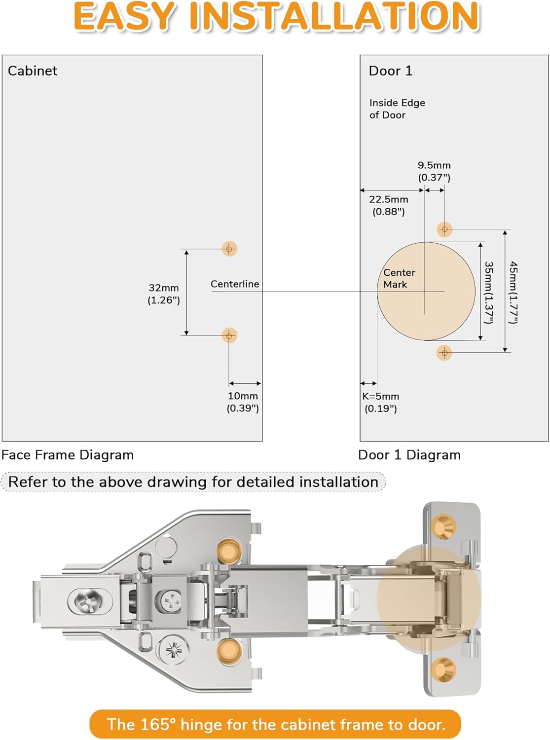 Chibery 165° Soft Close Kitchen Corner Hinges, Lazy Susan Cabinets, Face Frame, Clip On Plate for Easy Installation, Hidden Face Mount, 3D Concealed Slow Self Closing for Folden Cupboard