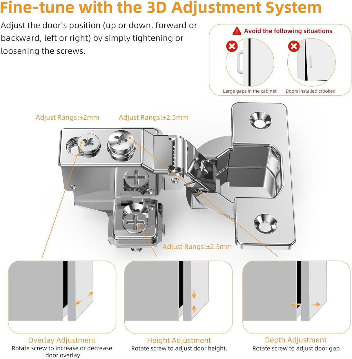 3D Concealed 105° Soft Close Slow Smooth Stainless Steel Quiet Self Closing Face Frame & Frameless Hinges