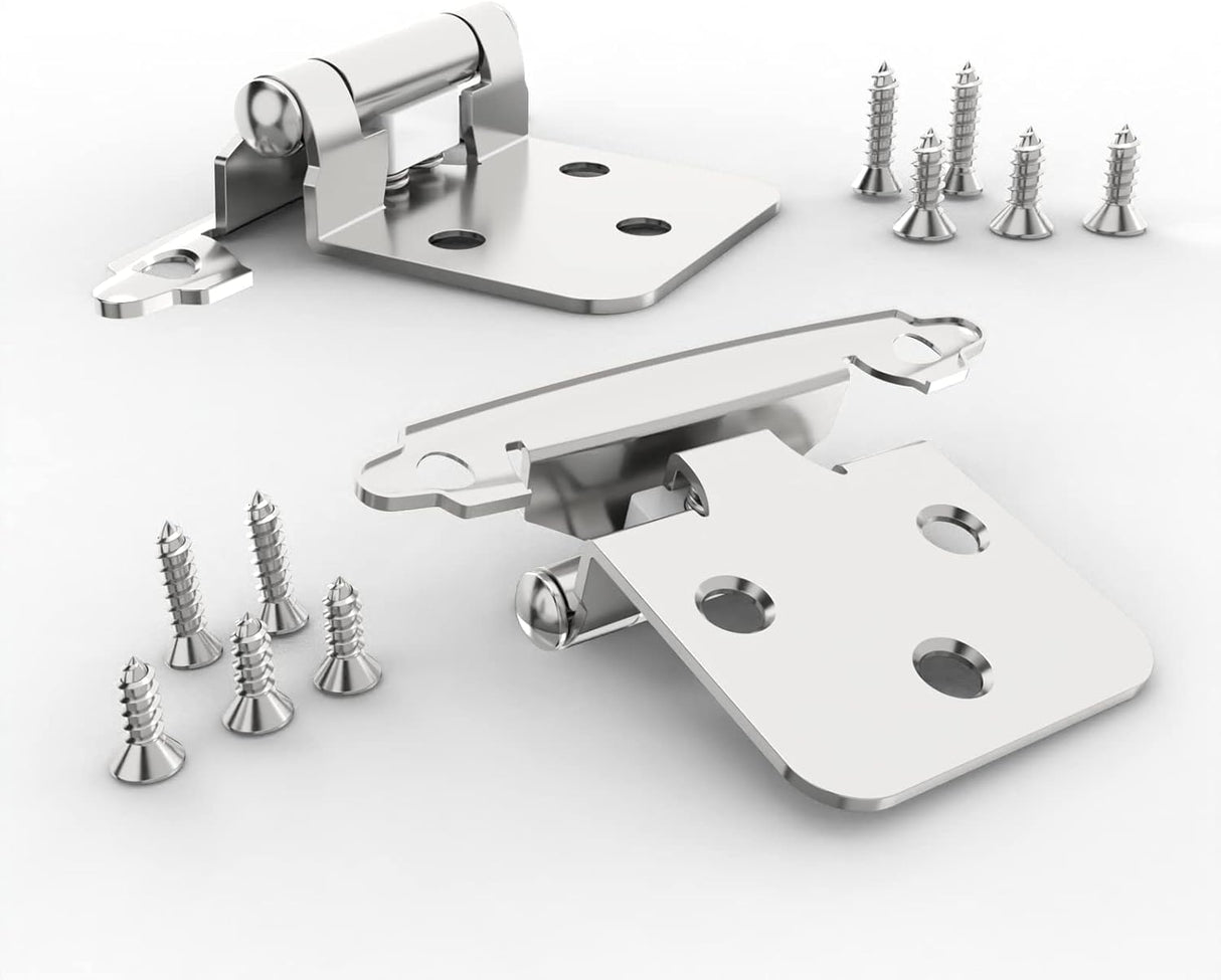 Chibery 1/2" Satin Nickel Overlay Cabinet Hinges, Self Closing Flush Mount Hinges with Door Bumper, Variable Decorative Hardware for Bathroom, Furniture, Kitchen Cabinet Doors