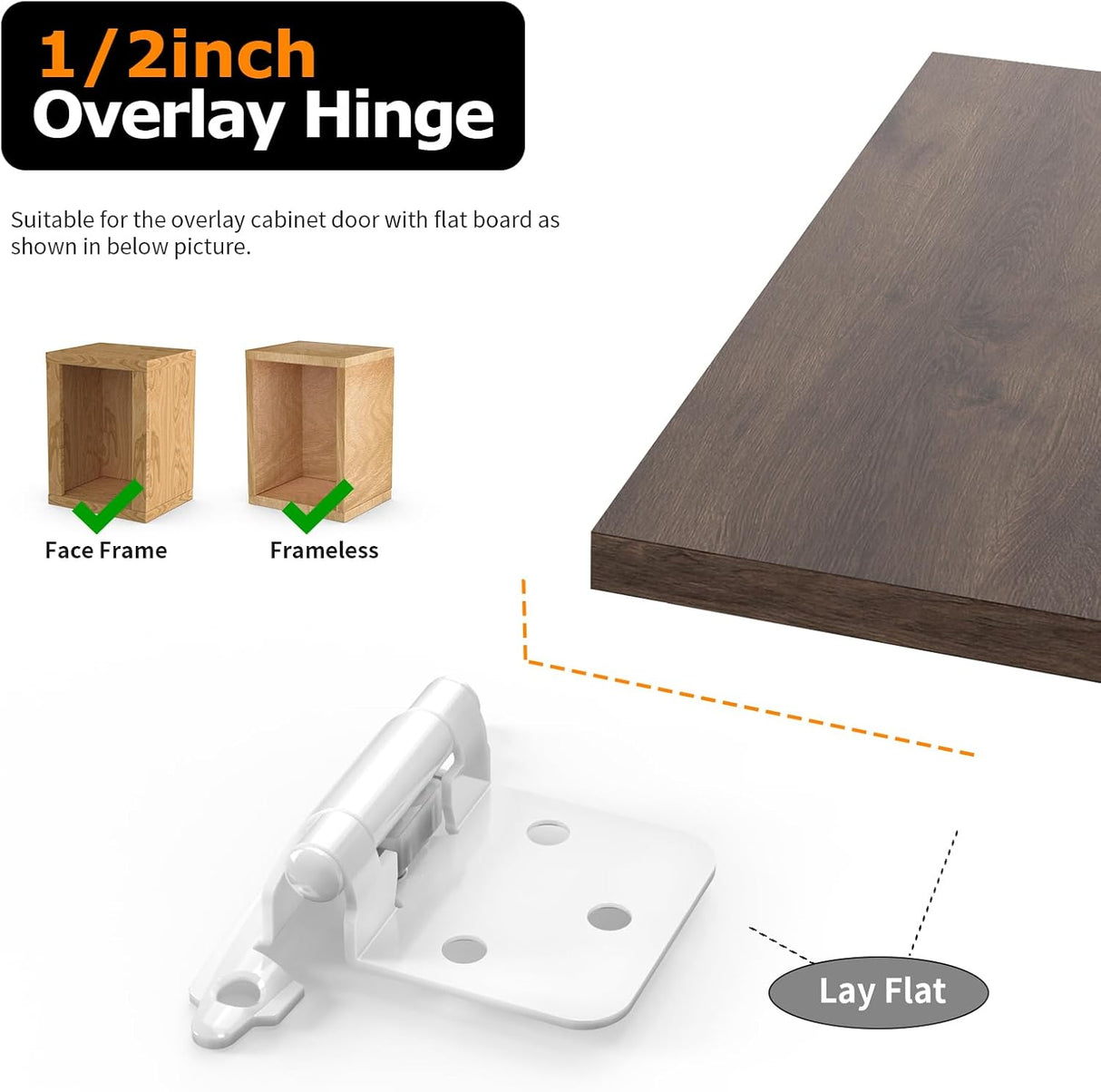 Chibery 1/2" White Overlay Cabinet Hinges, Self Closing Flush Mount Hinges with Door Bumper, Variable Decorative Hardware for Bathroom, Furniture, Kitchen Cabinet Doors