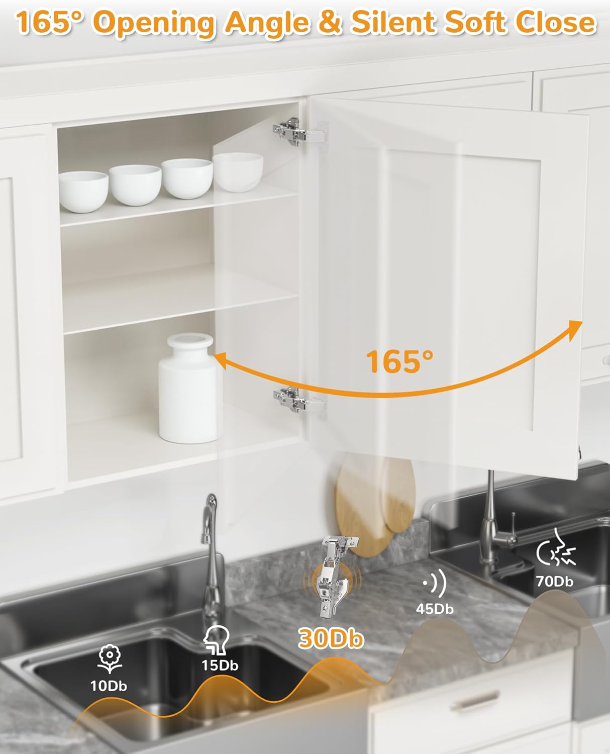Chibery 135°& 165° Hinges Kit for Pie Corner Cabinets, Hidden Lazy Susan, Face Frame Self Closing, Clip On, Smooth Slow Close, Concealed Mount for Bi-fold Door, Kitchen Cupboard