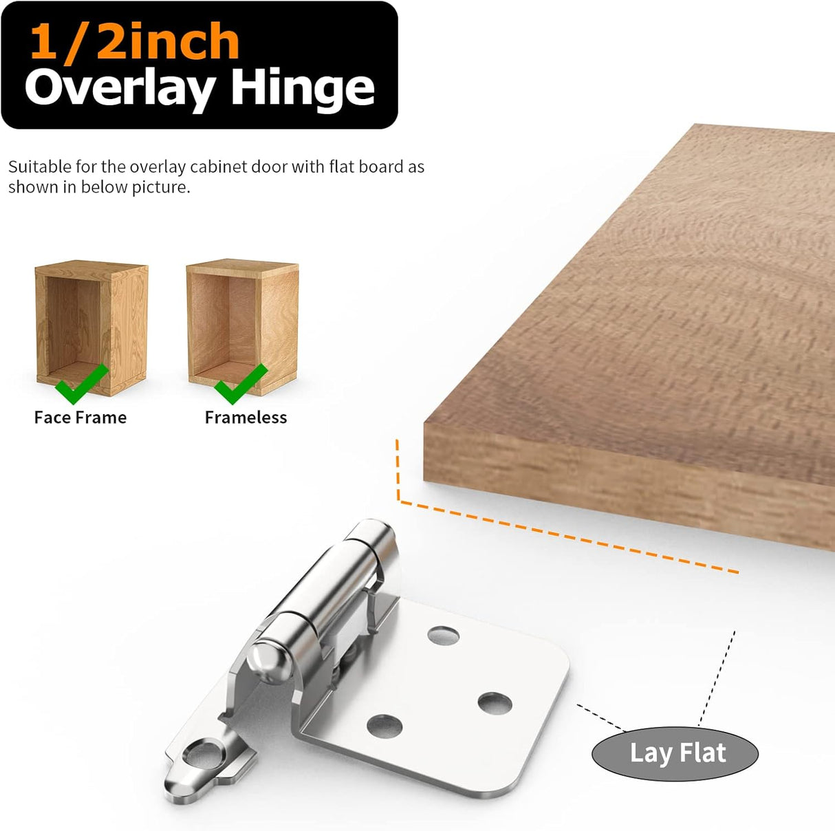 Chibery 1/2" Satin Nickel Overlay Cabinet Hinges, Self Closing Flush Mount Hinges with Door Bumper, Variable Decorative Hardware for Bathroom, Furniture, Kitchen Cabinet Doors