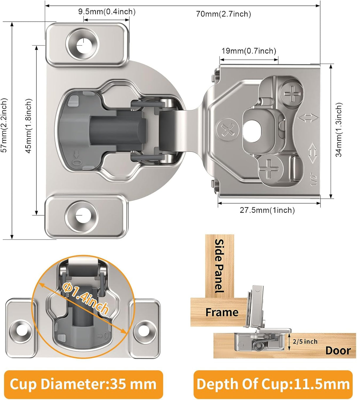 Chibery 4D Satin Nickel Concealed Hinges for Face Frame Door, Soft Close On/Off Switch, Self Closing, 105° Open Angle Concealed Stainless Steel Hinges for Framed Cabinet