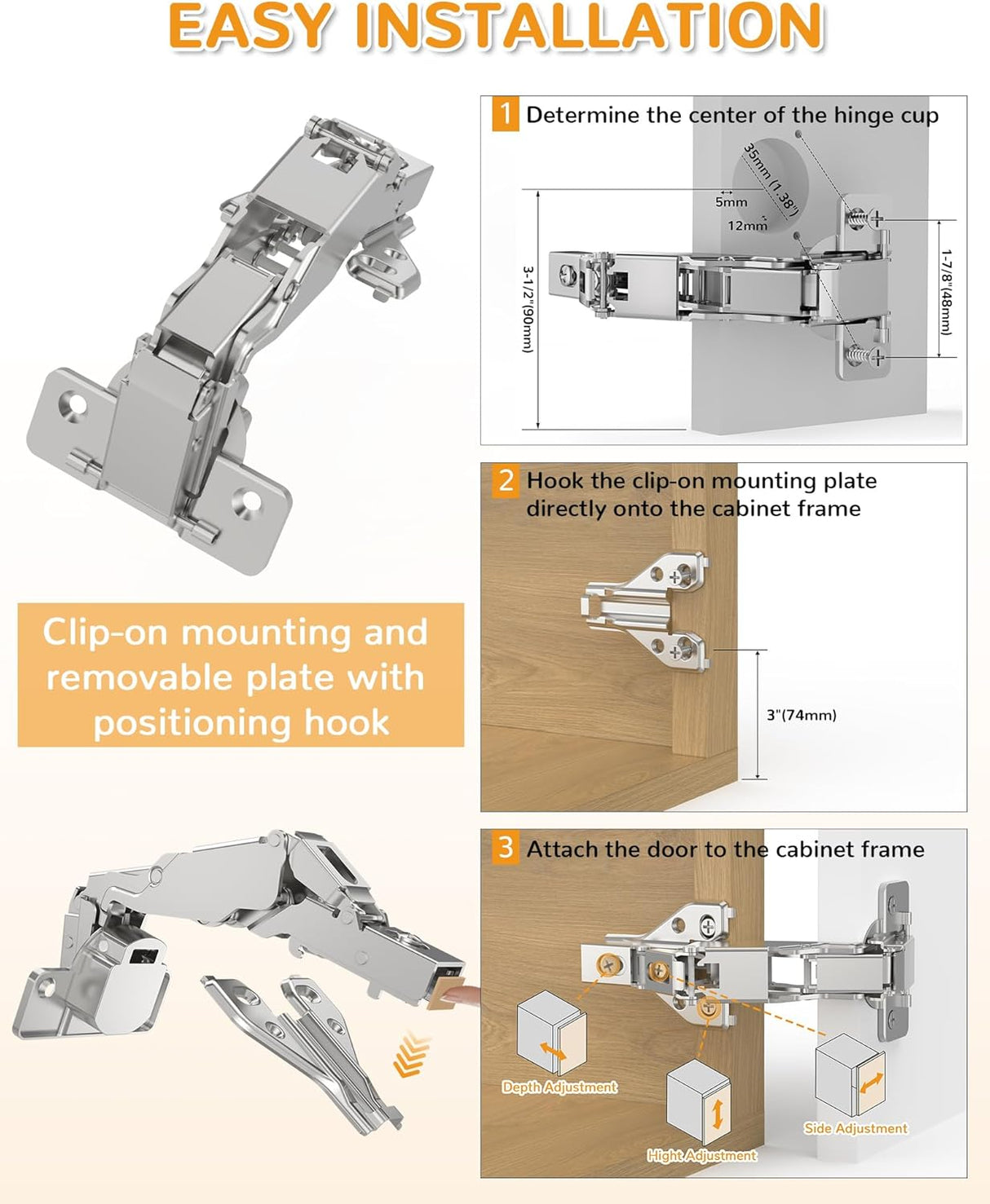 Chibery 180° Soft Close Cabinet Hinges, Lazy Susan & Kitchen Corner, 48mm Hole Distance, Concealed Face Frame & Frameless, Hidden Self Closing, Smooth Slow 3D Adjustment for Fold Cupboard