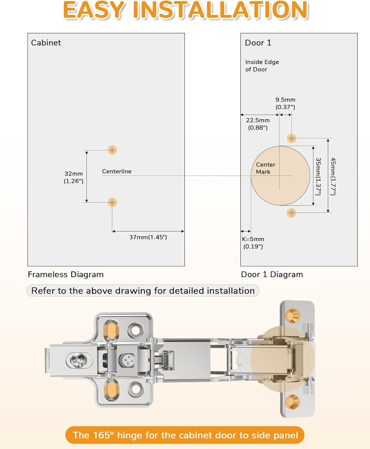 Chibery 165° Frameless Soft Close Kitchen Corner Hinges, Lazy Susan Cabinets, Clip On Plate for Easy Installation, Hidden Face Mount, 3D Concealed Slow Self Closing for Folden Cupboard