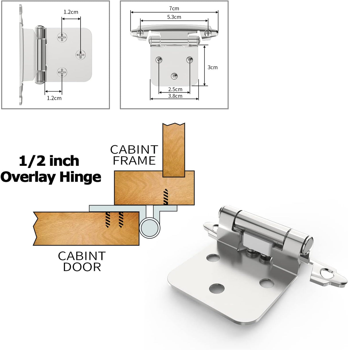 Chibery 1/2" Satin Nickel Overlay Cabinet Hinges, Self Closing Flush Mount Hinges with Door Bumper, Variable Decorative Hardware for Bathroom, Furniture, Kitchen Cabinet Doors