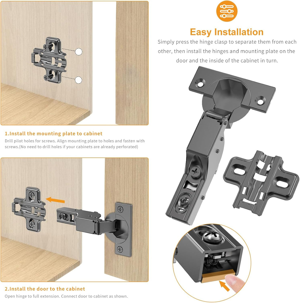 Chibery Soft Close Hinges, Clip ON Plate, 105 Degree, Silent Hydraulic, Self Closing, Black Frameless European Concealed Hinge for Kitchen Cabinet Door, Wardrobes, and Bookcases