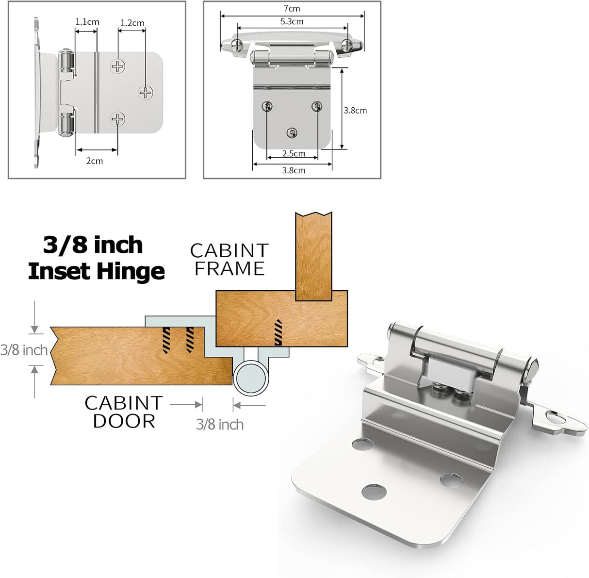 Chibery Brushed Nickel 3/8 Inch Inset Cabinet Hinges Self Closing Flush Face Mount Hinges with Door Bumper, Variable Decorative Hardware for Bathroom, Furniture, Kitchen Cabinet Doors