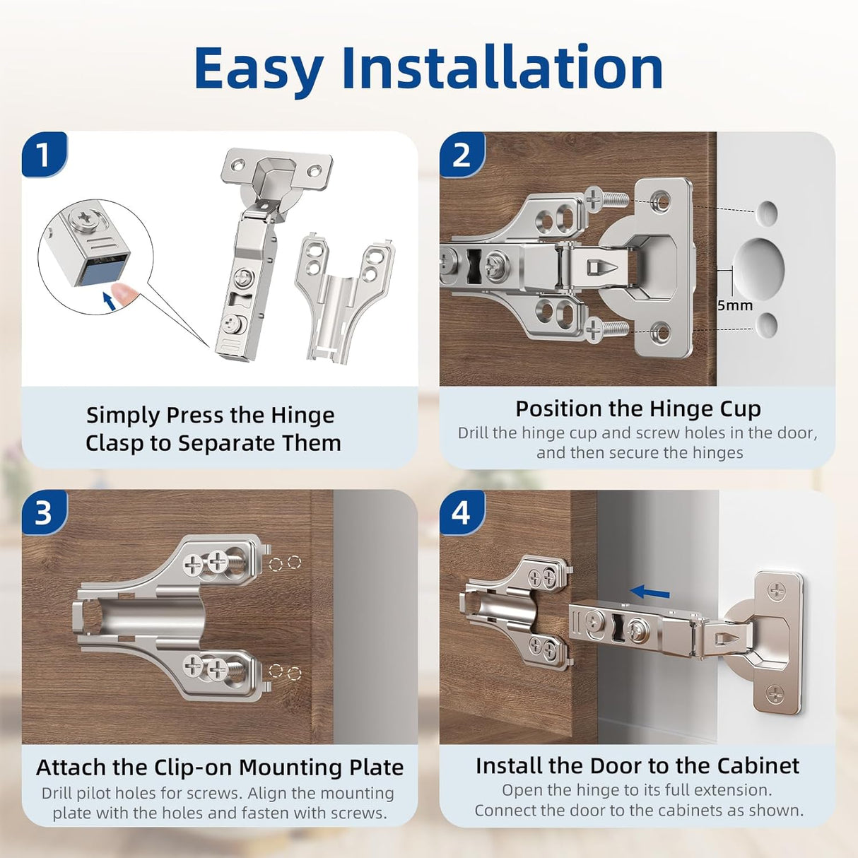 Chibery Soft Close Concealed Hinge for Face Frame & Frameless Door, 3D Adjustment, Clip-on Plate, Slow Self Closing Hidden Satin Nickel, 105° Stainless Steel Hinges