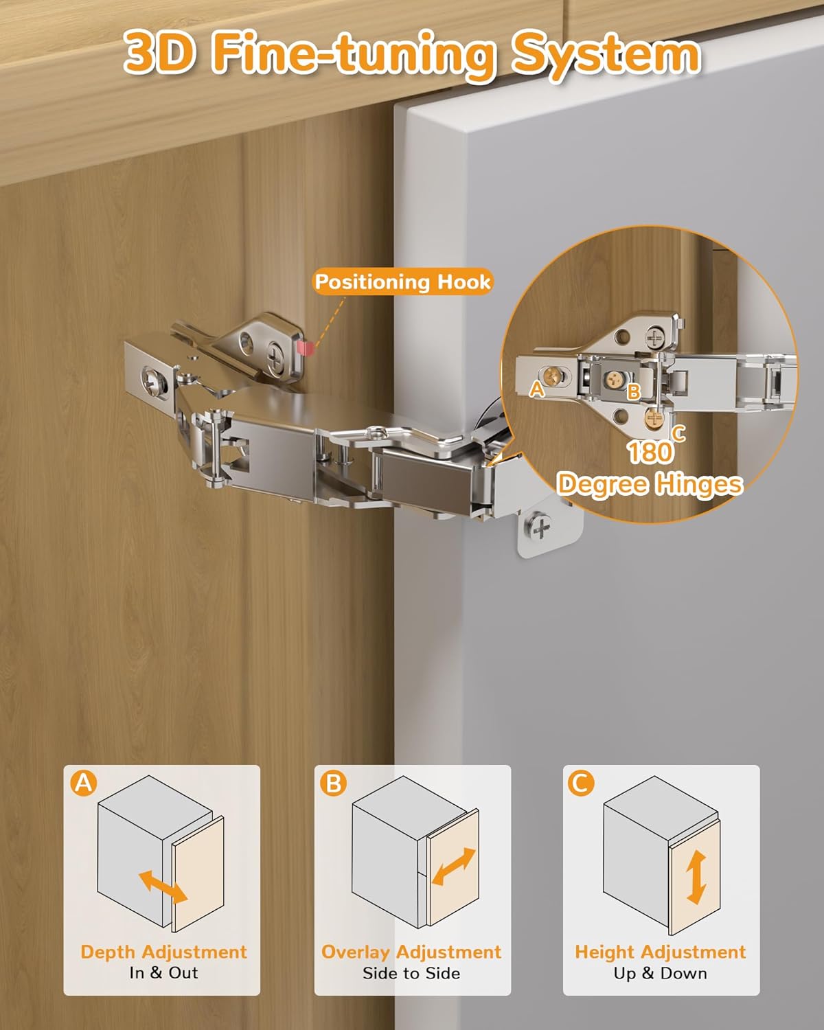 Chibery 180° Soft Close Cabinet Hinges, Lazy Susan & Kitchen Corner, 48mm Hole Distance, Concealed Face Frame & Frameless, Hidden Self Closing, Smooth Slow 3D Adjustment for Fold Cupboard