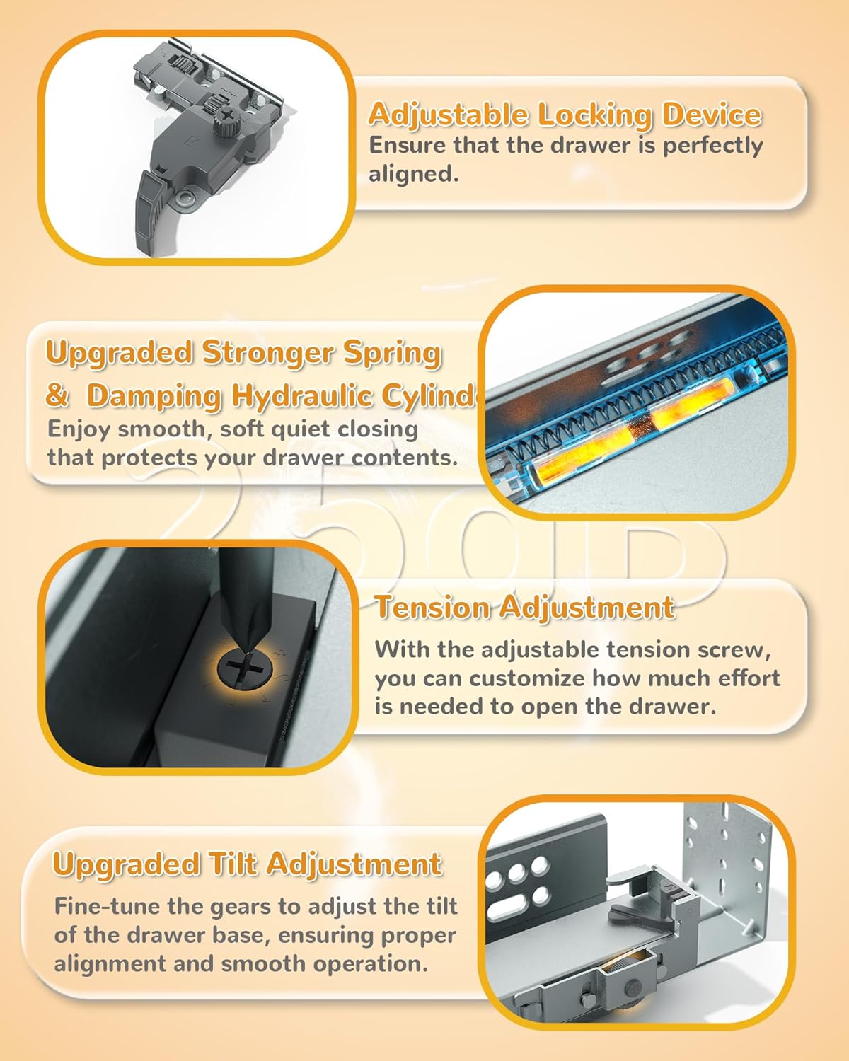 100 LB 21 Inch 5D Full Extension Soft Close Concealed Bottom Mount Drawer Slides Locking Device & Rear Mount Brackets