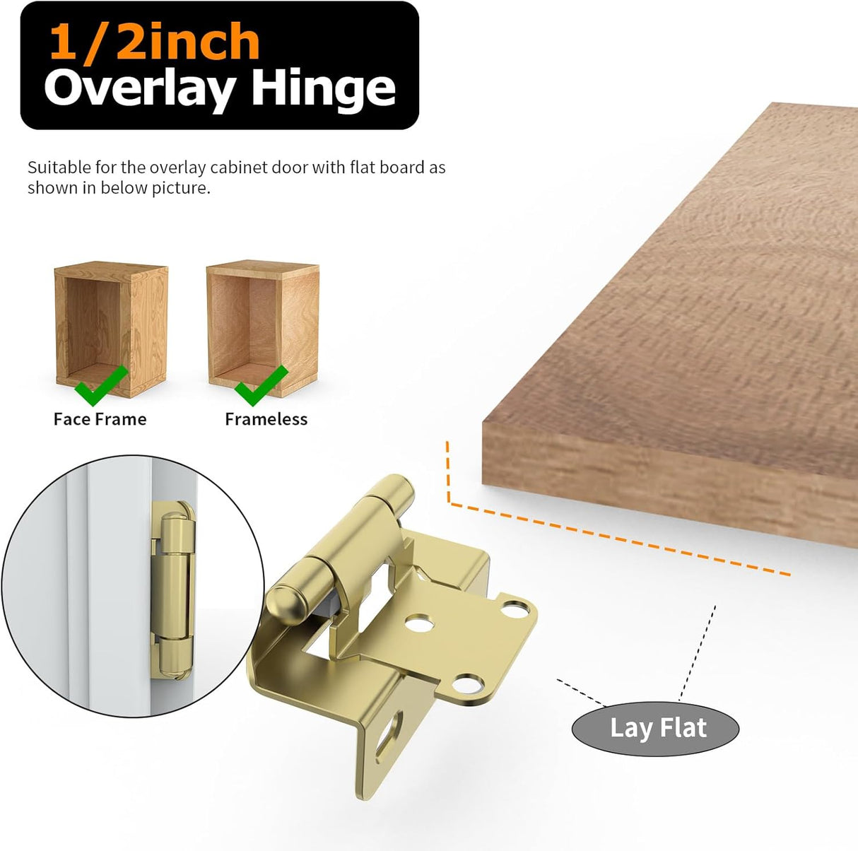 Chibery Brass Gold 1/2 inch Overlay Semi Partial Wrap Around Cabinet Hinges, Self Closing Face Frame Variable Decorative Replacement, Kitchen Hardware, with Screw & Quiet Bumper