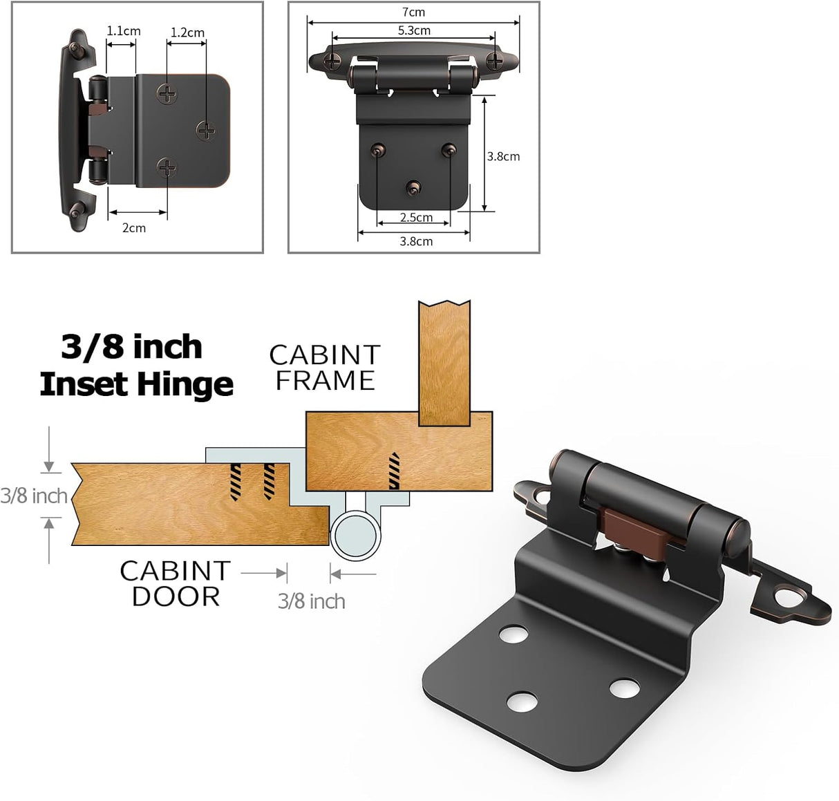 Chibery Oil Rubbed Bronze 3/8 Inch Inset Cabinet Hinges Self Closing Flush Face Mount Hinges with Door Bumper, Variable Decorative Hardware for Bathroom, Furniture, Kitchen Cabinet