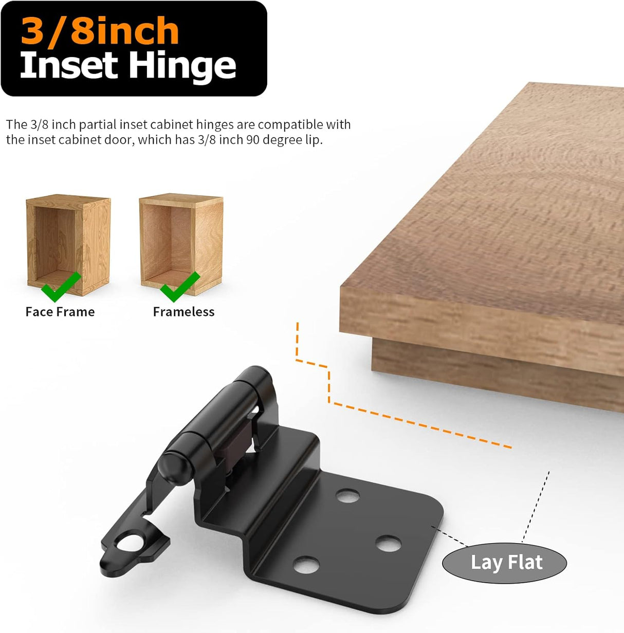 Chibery Matte Black 3/8 Inch Inset Cabinet Hinges, Self Closing Flush Face Mount Hinges with Door Bumper, Variable Decorative Hardware for Bathroom, Furniture, Kitchen Cabinet Doors