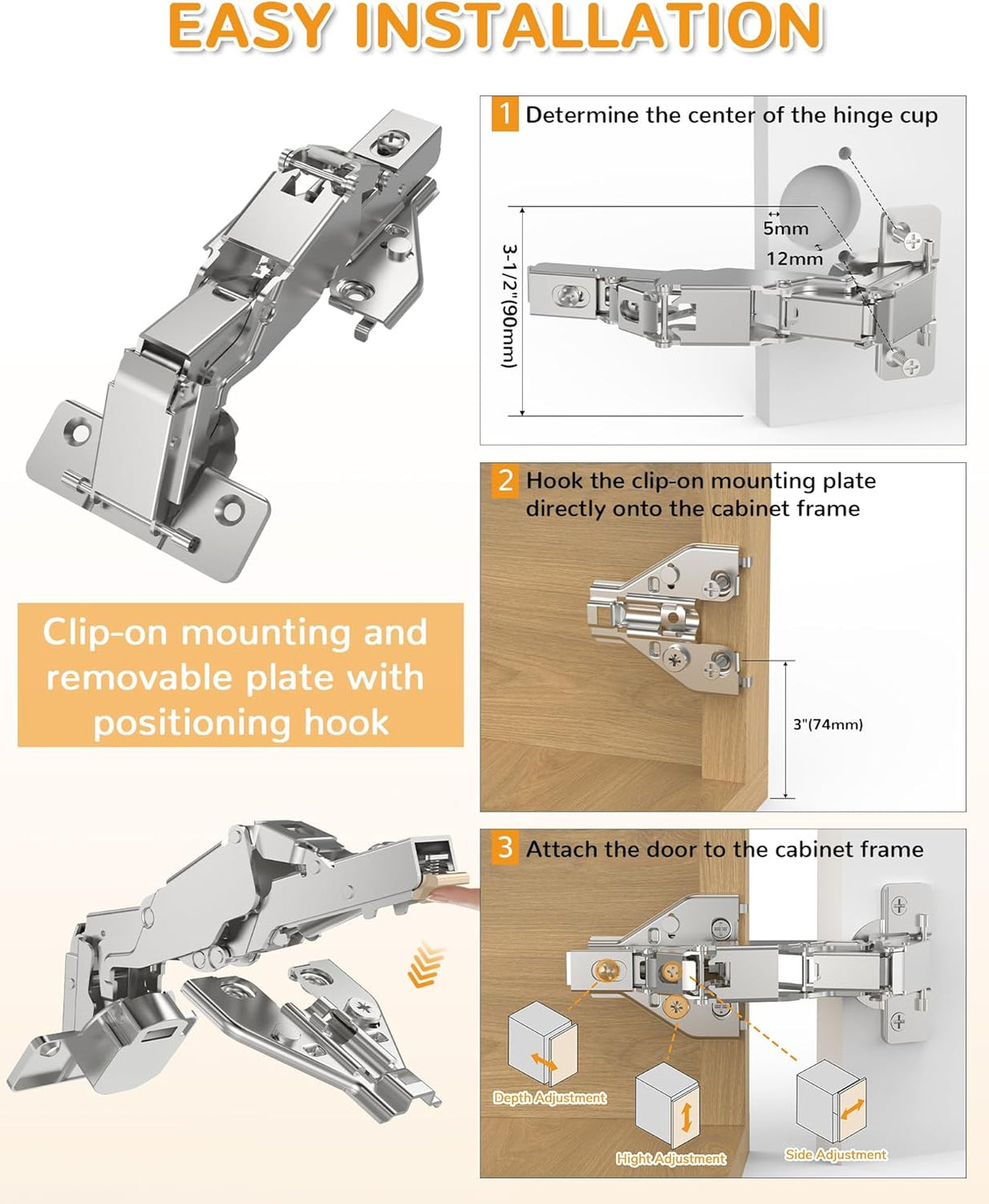 Chibery 165° Soft Close Kitchen Corner Hinges, Lazy Susan Cabinets, Face Frame, Clip On Plate for Easy Installation, Hidden Face Mount, 3D Concealed Slow Self Closing for Folden Cupboard