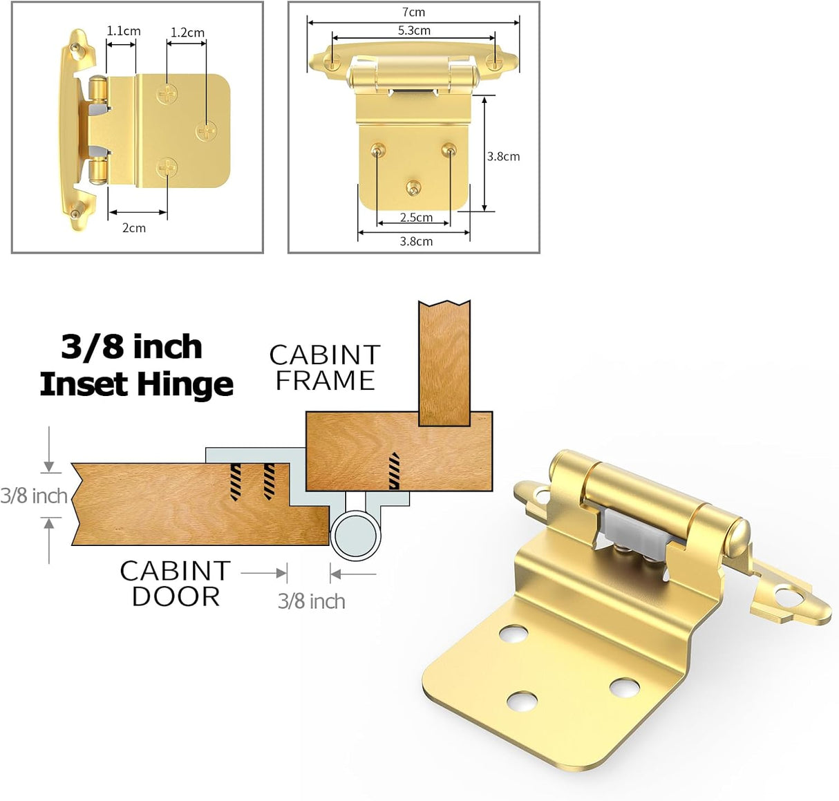 Chibery Brass Gold 3/8 Inch Inset Cabinet Hinges, Self Closing Flush Face Mount Hinges with Door Bumper, Variable Decorative Hardware for Bathroom, Furniture, Kitchen Cabinet Doors