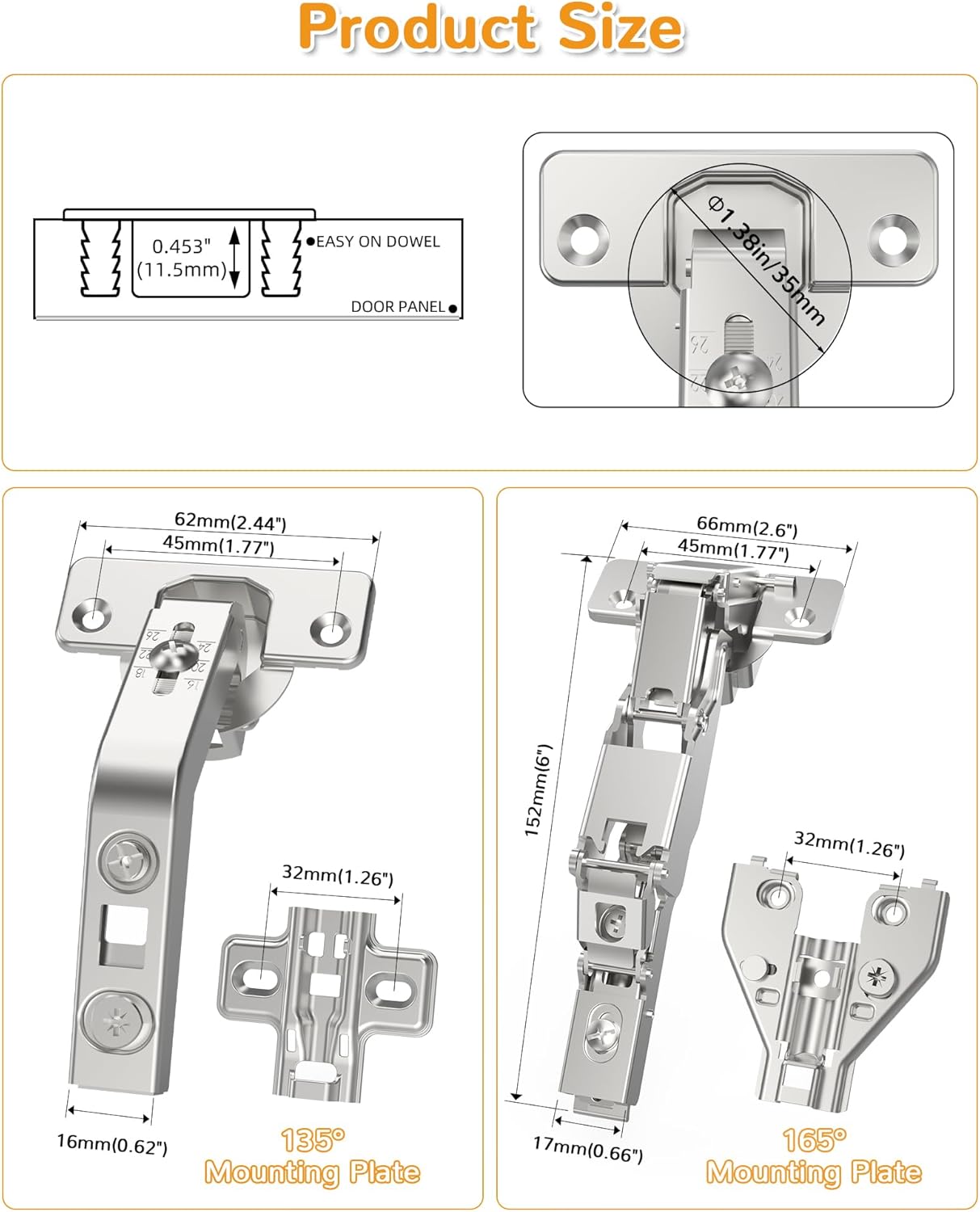 Chibery 135°& 165° Hinges Kit for Pie Corner Cabinets, Hidden Lazy Susan, Face Frame Self Closing, Clip On, Smooth Slow Close, Concealed Mount for Bi-fold Door, Kitchen Cupboard