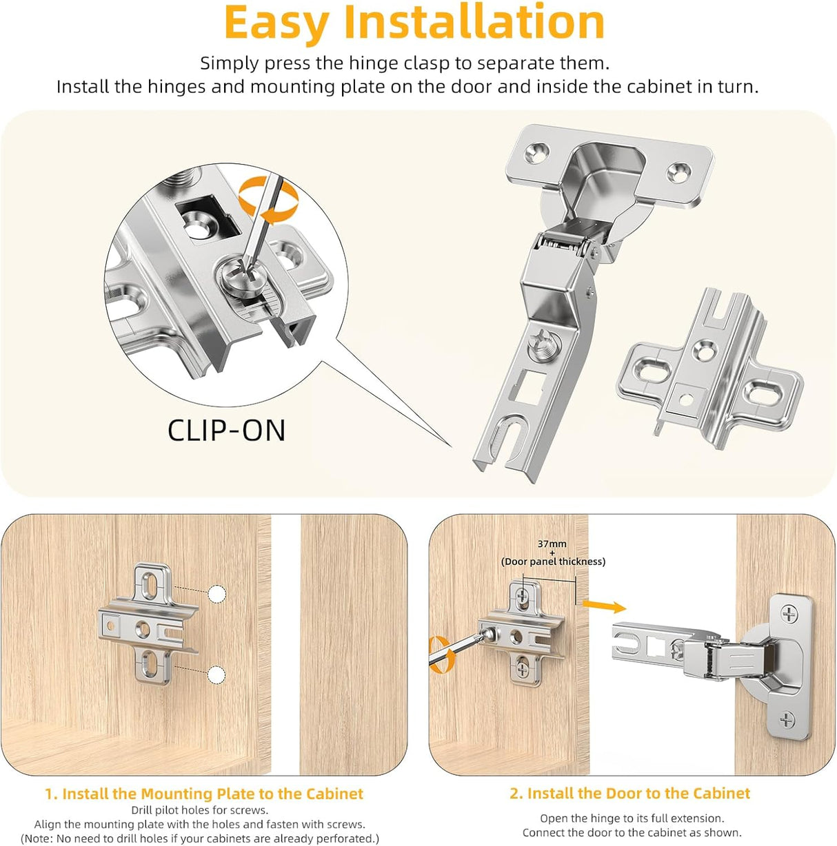 Chibery Nickel Plated Cabinet Hinges, Regular Standard Closing, Slide-on, Self-Closing, Frameless Concealed Euro 105 Degree Compact Hinges for Kitchen, Bathroom