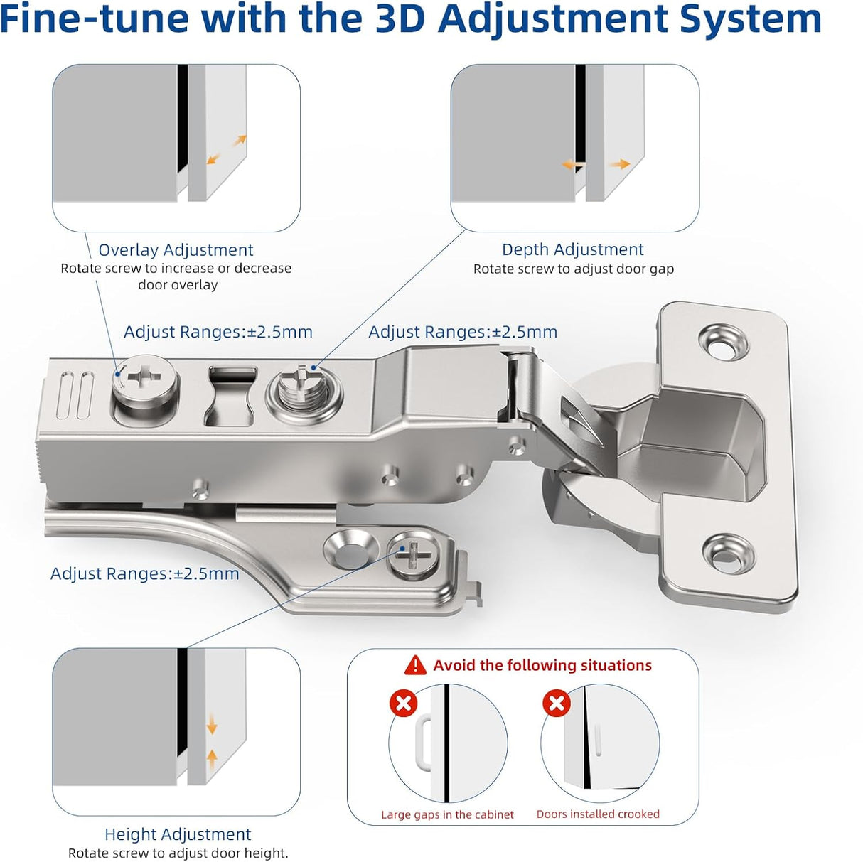 Chibery Soft Close Concealed Hinge for Face Frame ＆ Frameless Door, 3D Adjustment, Clip-on Plate, Slow Self Closing Hidden Satin Nickel, 105° Stainless Steel Hinges