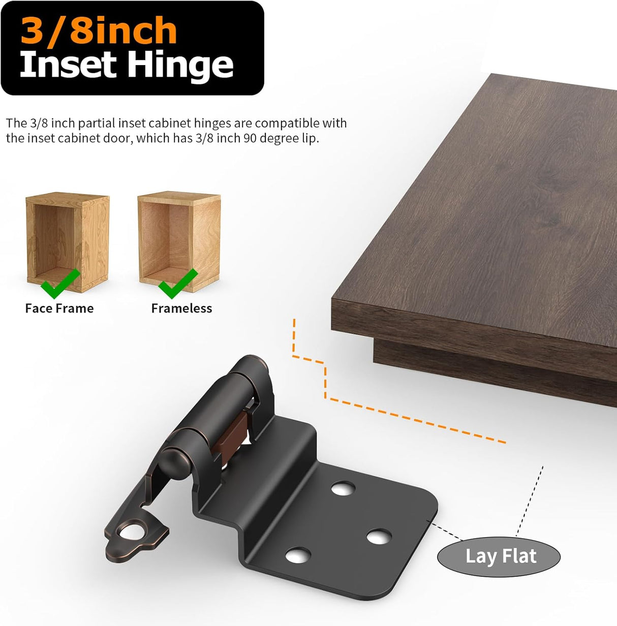 Chibery Oil Rubbed Bronze 3/8 Inch Inset Cabinet Hinges Self Closing Flush Face Mount Hinges with Door Bumper, Variable Decorative Hardware for Bathroom, Furniture, Kitchen Cabinet