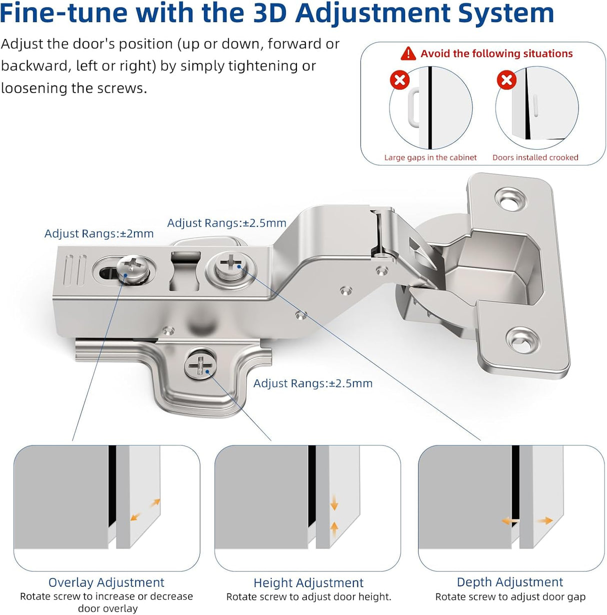 Chibery Soft Close Concealed Frameless Cabinet Hinges, Satin Nickel, 105°, Stop at Will 45-105 Degree, Self Closing, 3D Adjustment, Clip On, Stainless Steel for Cupboard Kitchen
