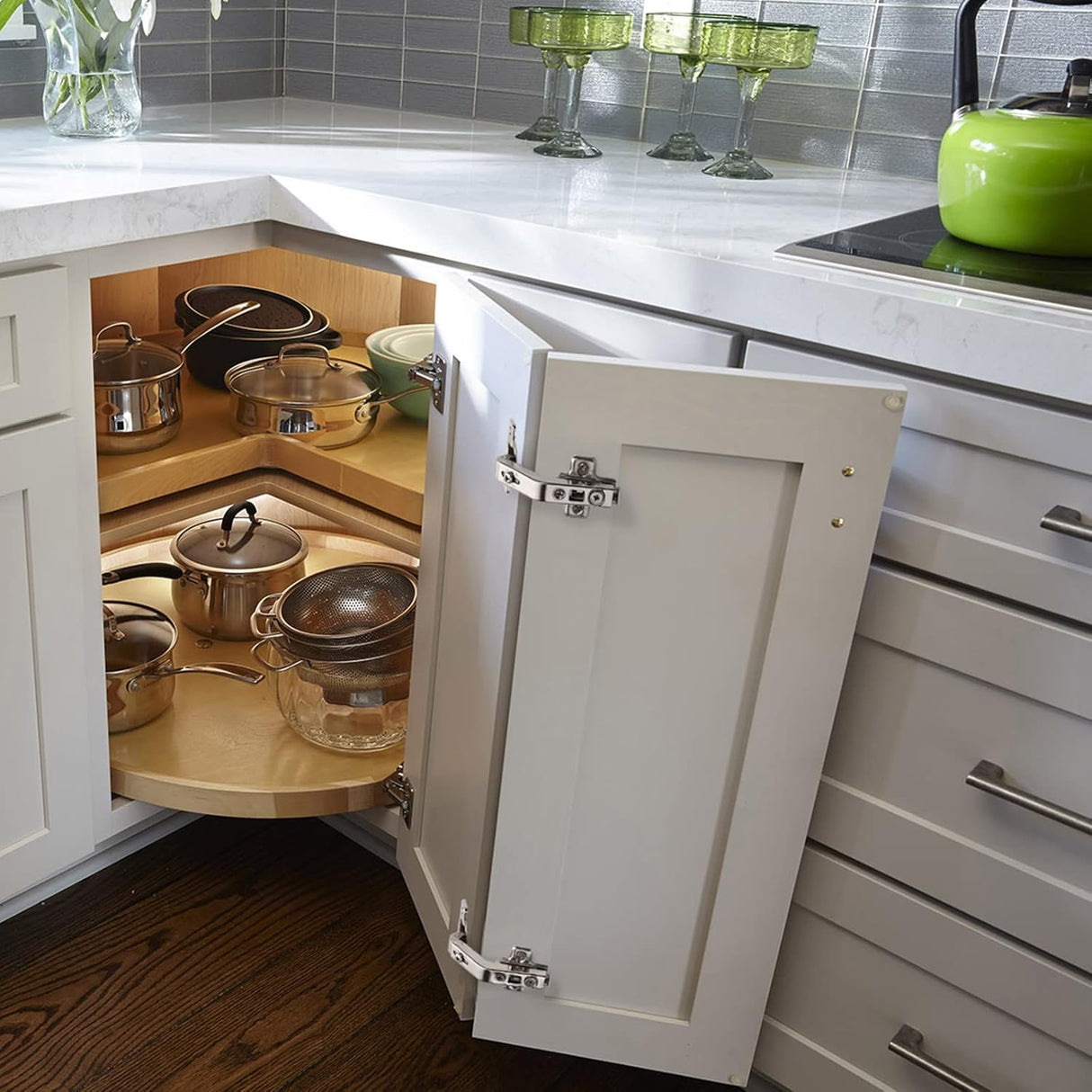 Chibery  165°  Lazy Susan Hinge, Face Frame, CLIP ON Plate for Easy Installation, Soft Close Multi-pivot Concealed hardware for Corner Kitchen Cabinet, Cupboard Folded, Folden Door, Closets