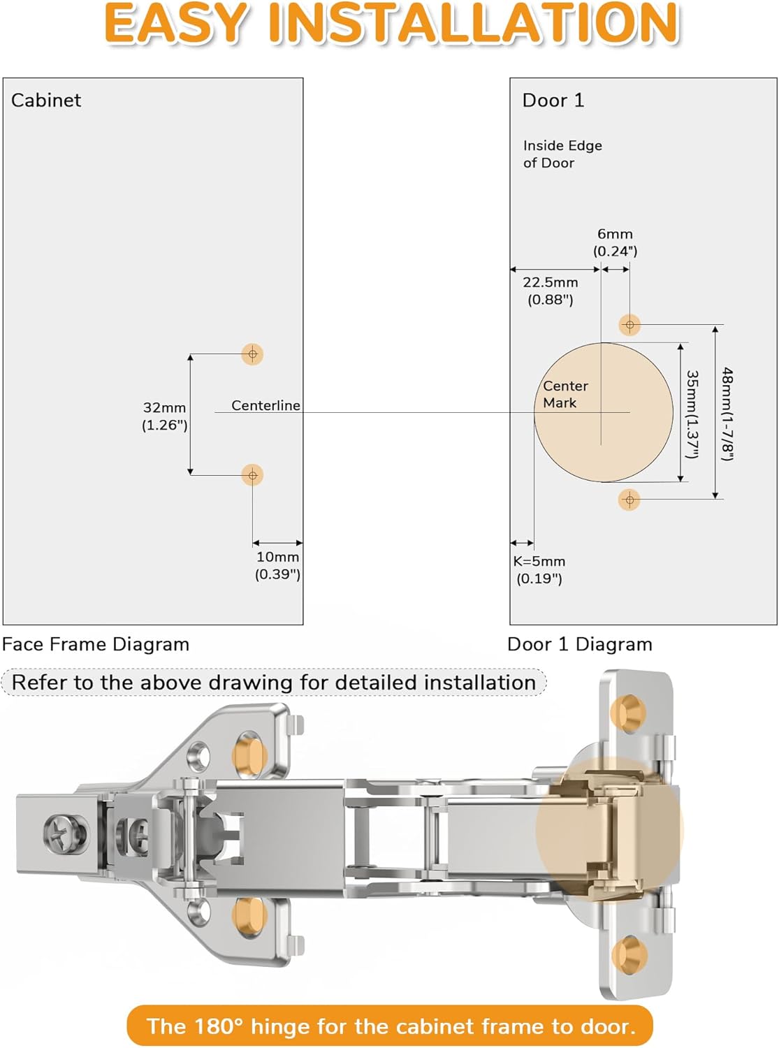 Chibery 180° Soft Close Cabinet Hinges, Lazy Susan & Kitchen Corner, 48mm Hole Distance, Concealed Face Frame & Frameless, Hidden Self Closing, Smooth Slow 3D Adjustment for Fold Cupboard