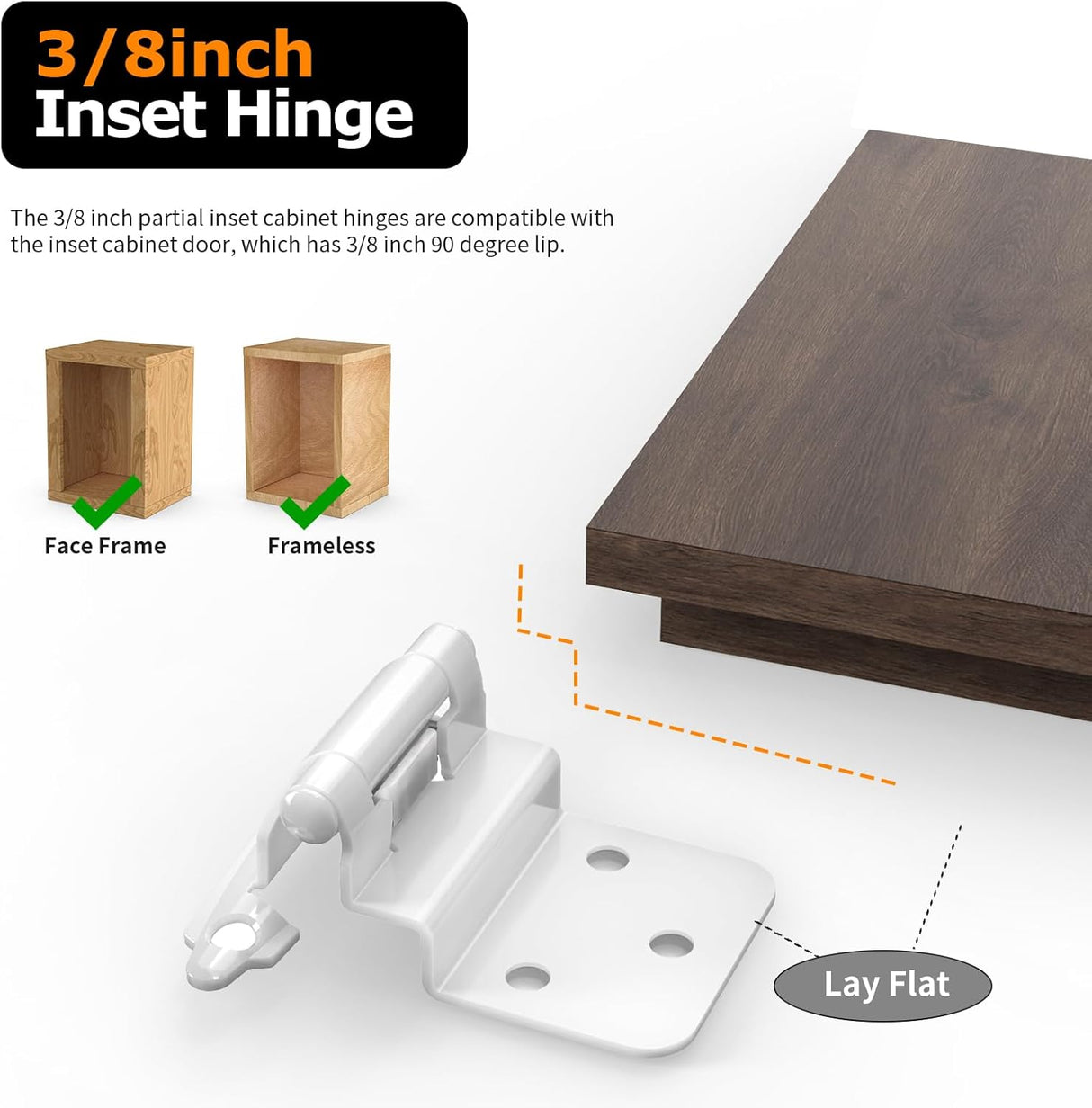 Chibery White 3/8 Inch Inset Cabinet Hinges Self Closing Flush Face Mount Hinges with Door Bumper, Variable Decorative Hardware for Bathroom, Furniture, Kitchen Cabinet Doors