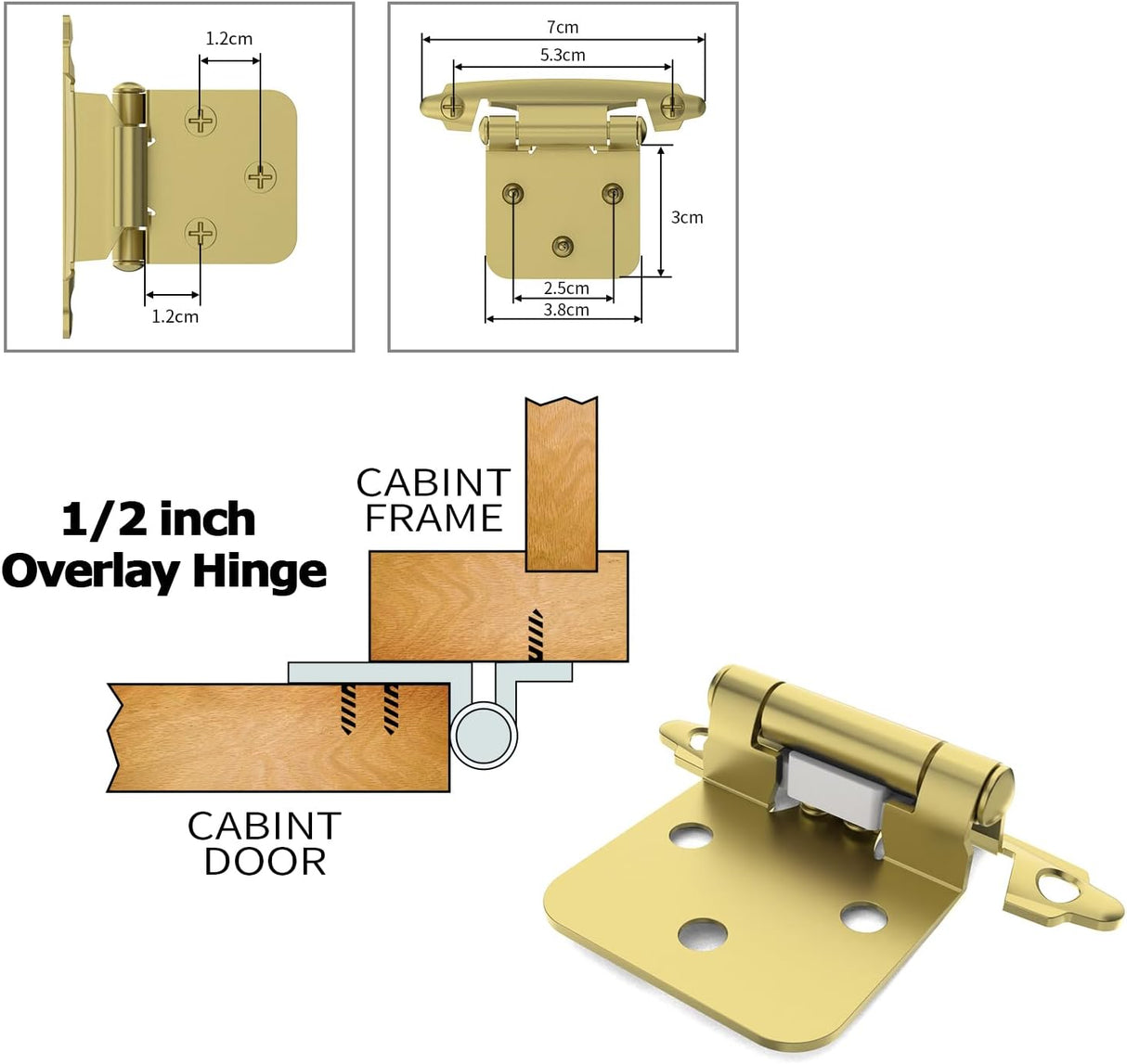 Chibery 1/2" Brass Gold Overlay Cabinet Hinges, Self Closing Flush Mount Hinges with Door Bumper, Variable Decorative Hardware for Bathroom, Furniture, Kitchen Cabinet Doors