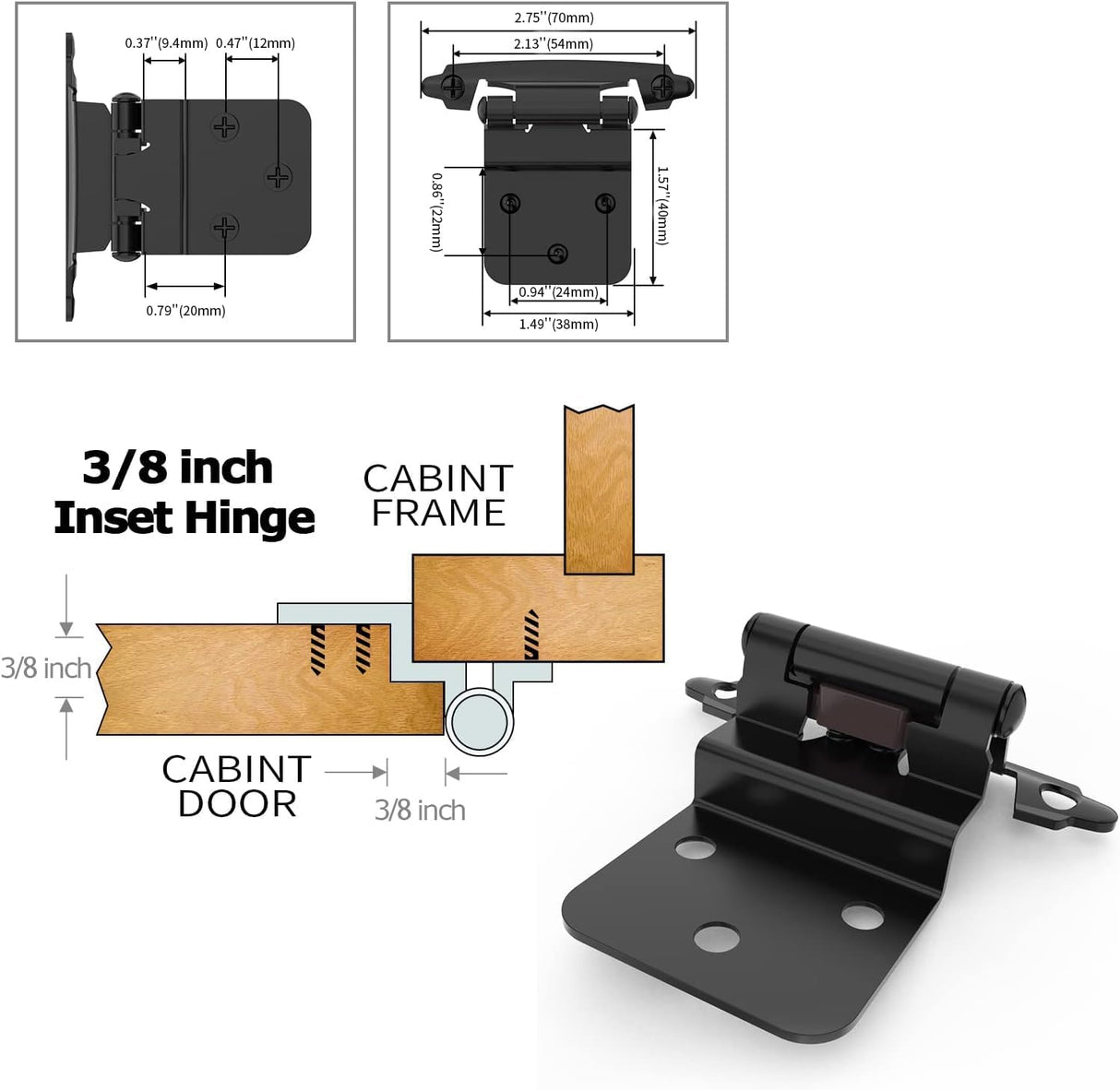 Chibery Matte Black 3/8 Inch Inset Cabinet Hinges, Self Closing Flush Face Mount Hinges with Door Bumper, Variable Decorative Hardware for Bathroom, Furniture, Kitchen Cabinet Doors