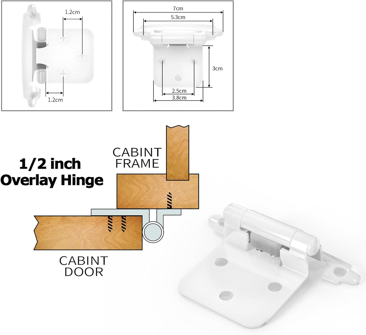 Chibery 1/2" White Overlay Cabinet Hinges, Self Closing Flush Mount Hinges with Door Bumper, Variable Decorative Hardware for Bathroom, Furniture, Kitchen Cabinet Doors