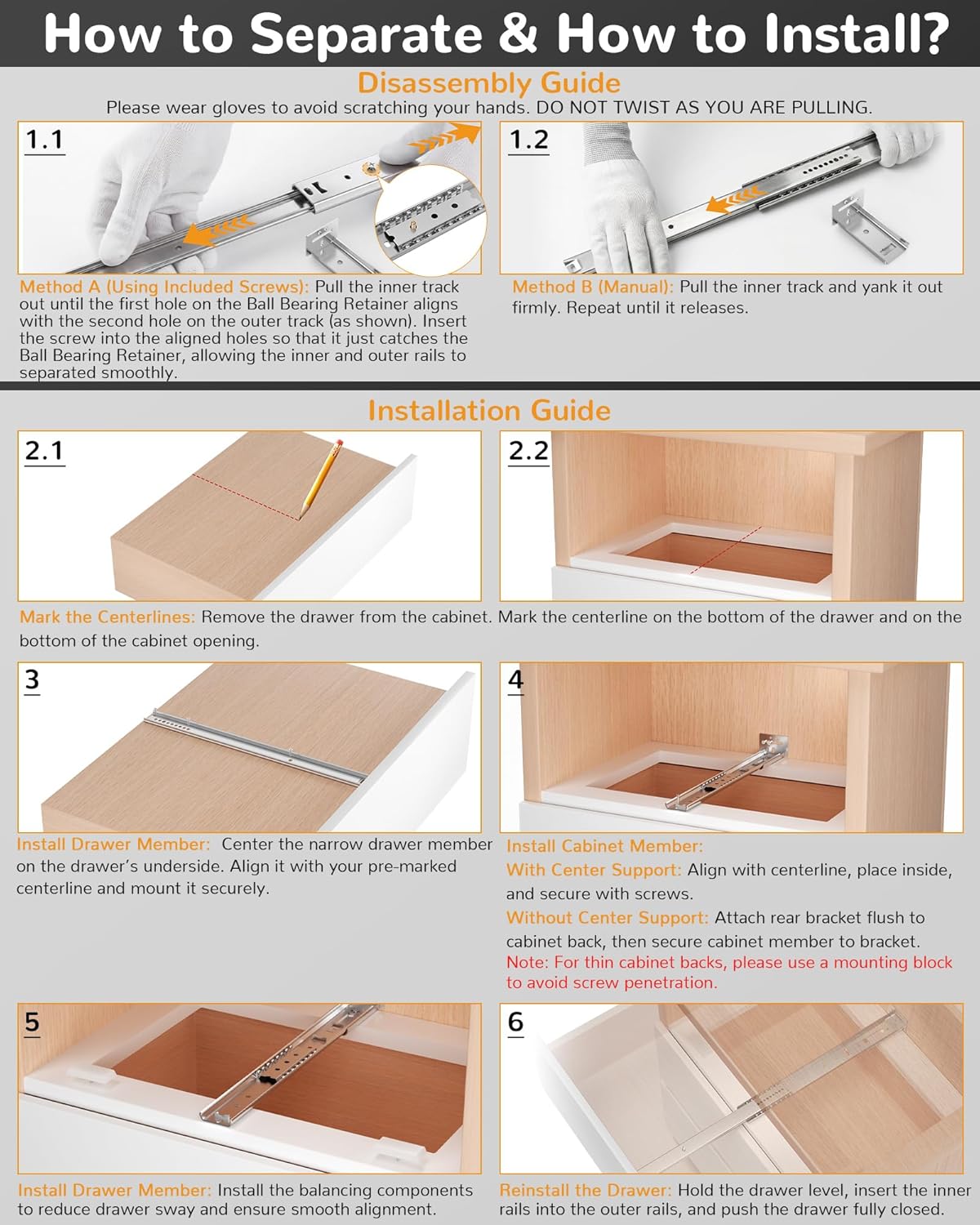 3/4 Extension Center Mount Heavy Duty Concealed Drawer Slides