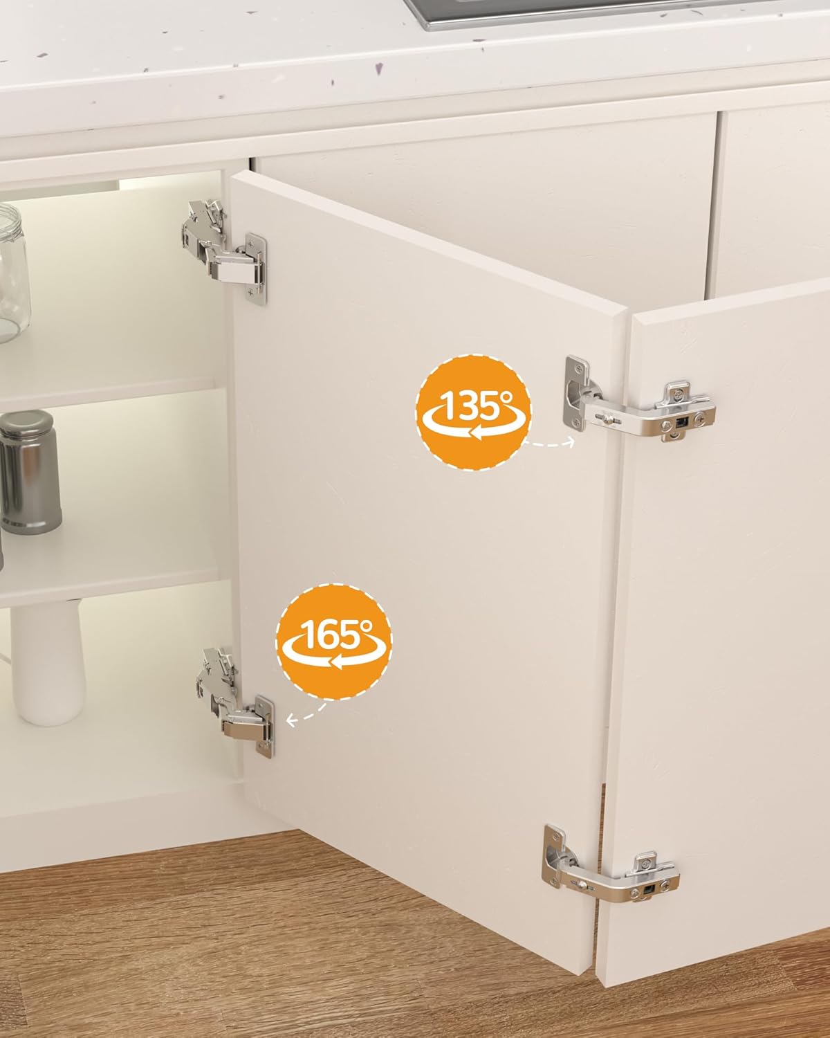 Chibery 135°& 165° Hinges Kit for Pie Corner Cabinets, Hidden Lazy Susan, Face Frame Self Closing, Clip On, Smooth Slow Close, Concealed Mount for Bi-fold Door, Kitchen Cupboard