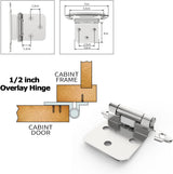 Chibery 1/2" Satin Nickel Overlay Cabinet Hinges, Self Closing Flush Mount Hinges with Door Bumper, Variable Decorative Hardware for Bathroom, Furniture, Kitchen Cabinet Doors
