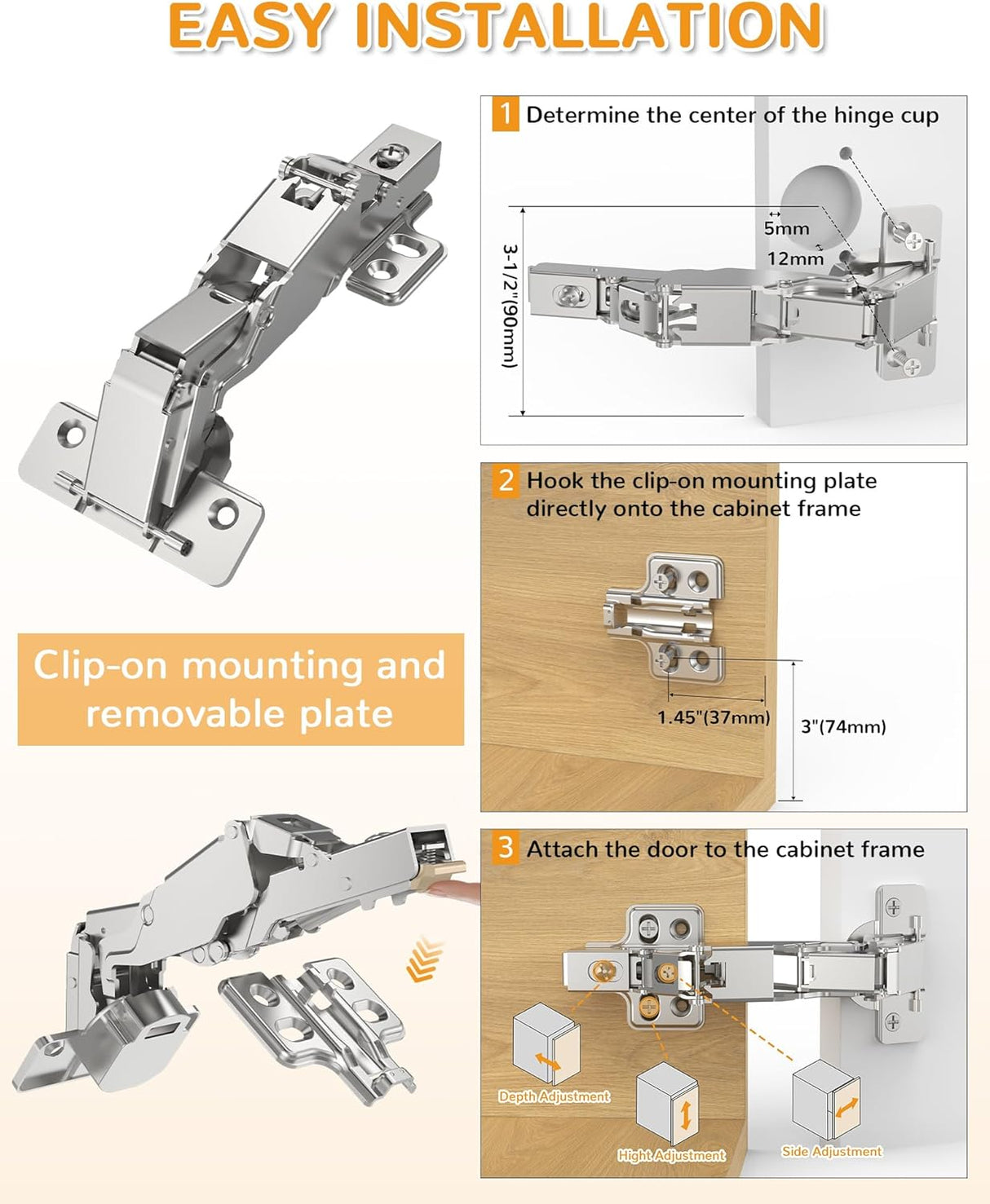 Chibery 165° Frameless Soft Close Kitchen Corner Hinges, Lazy Susan Cabinets, Clip On Plate for Easy Installation, Hidden Face Mount, 3D Concealed Slow Self Closing for Folden Cupboard